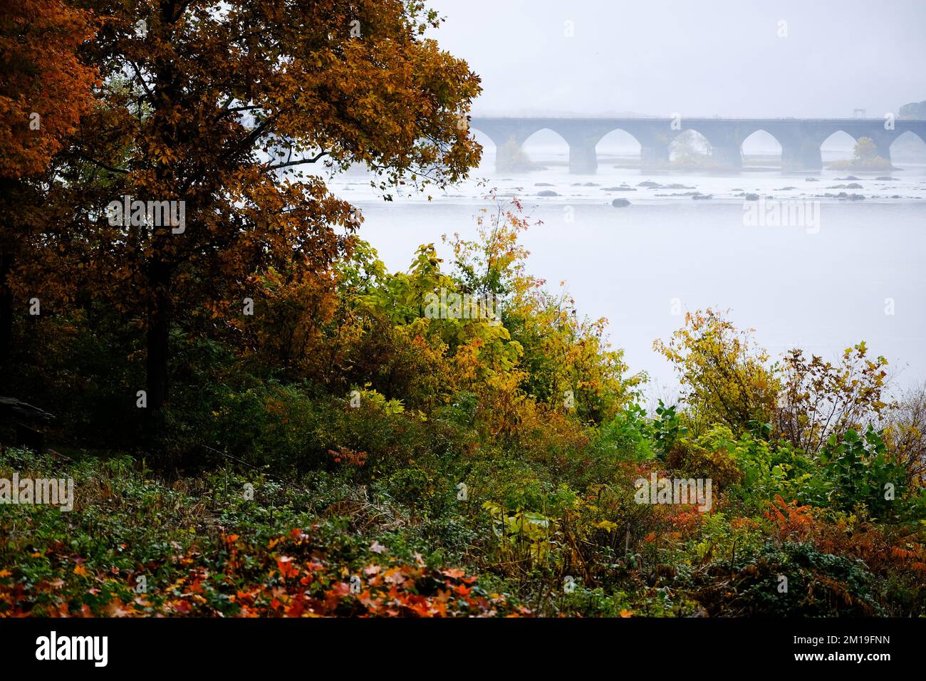 Herbstblick über die Rockville Bridge am Susquehanna River in der Nähe von Harrisburg, Pennsylvania, USA; Eisenbahnbrücke; Die längste Steinbogenbrücke der Welt. Stockfoto