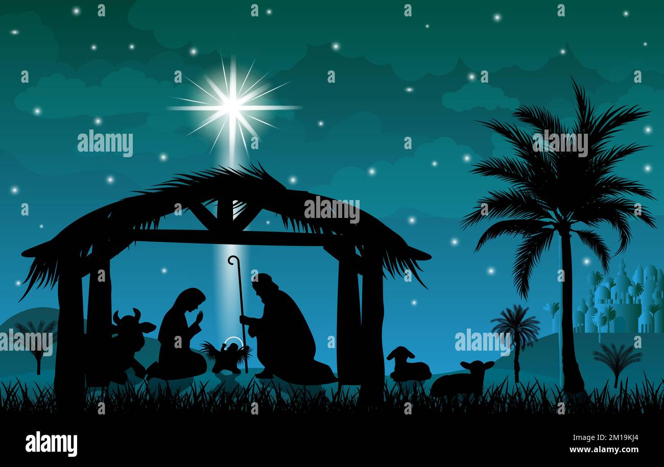 Szene von der Geburt von Jesus Christus. Weihnachten, die Szene von Weihnachten. Weihnachten. Stock Vektor
