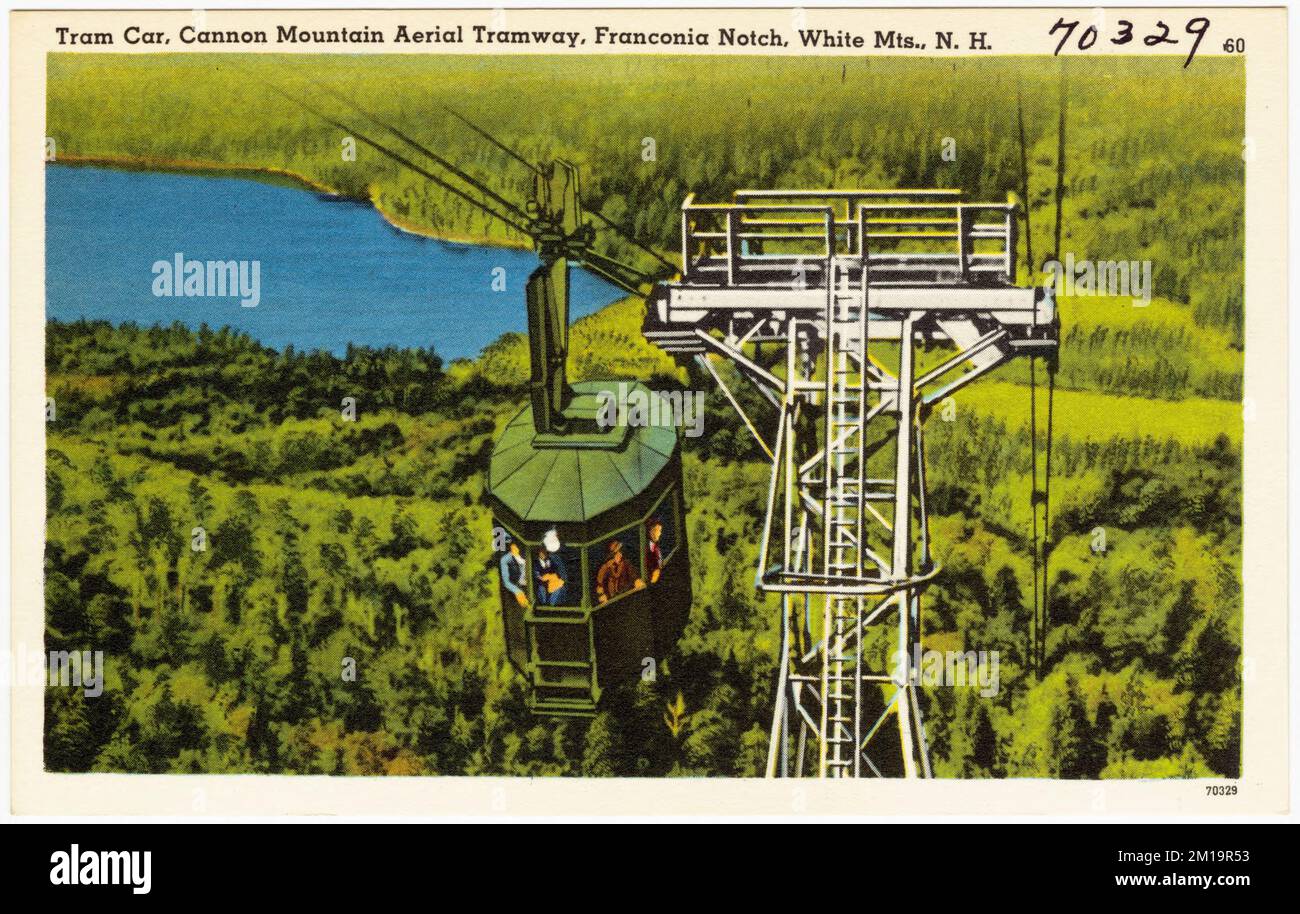 Straßenbahn, Cannon Mountain Aerial Tramway, Franconia Notch, White Mts., N.H. , Lakes & Ponds, Tichnor Brothers Collection, Postkarten der Vereinigten Staaten Stockfoto