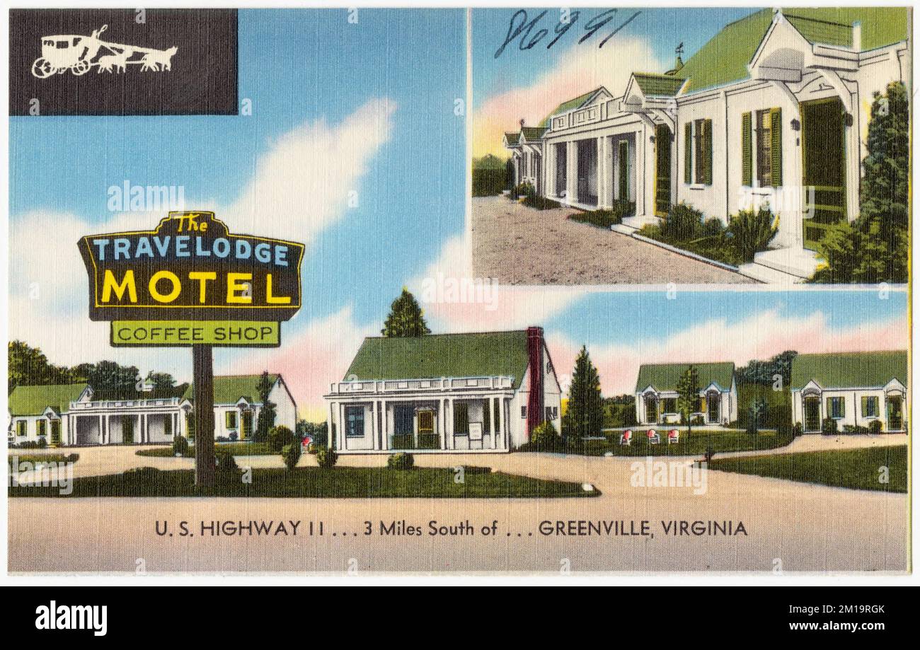 Travelodge Motel & Coffee Shop, U.S. Highway 11... 3 Meilen südlich von... Greenville, Virginia, Motels, Restaurants, Tichnor Brothers Collection, Postkarten der Vereinigten Staaten Stockfoto