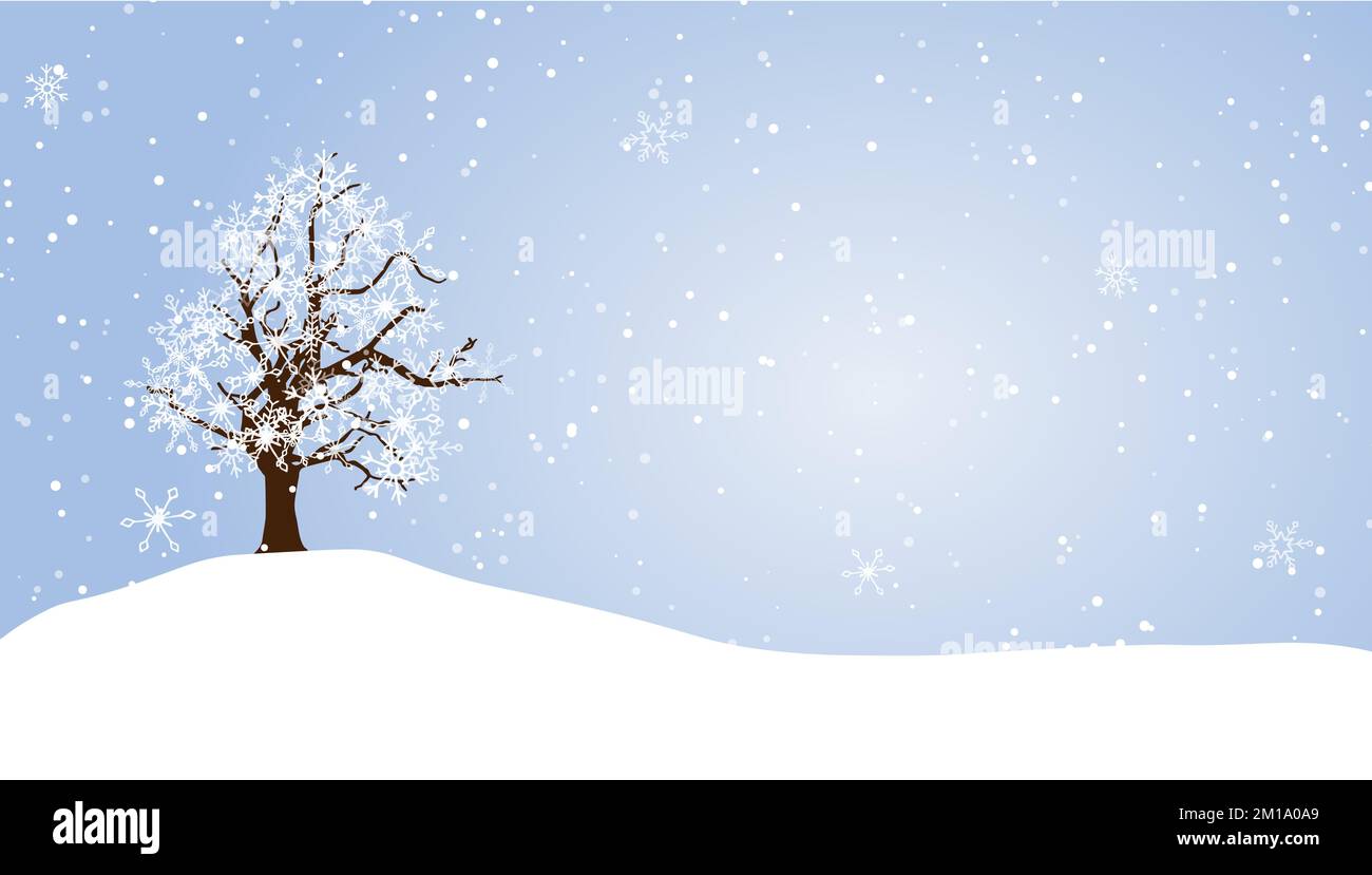 Winterlandschaft. Verlassener Baum in verschneiter Natur, Schneefall. Fröhliche Weihnachten und frohe Neujahrskarte. Stockfoto