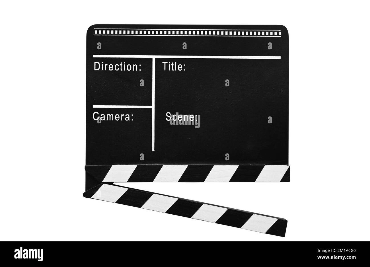 Echte Filmklapperschaufel mit isoliertem Kopierbereich auf weißem Backboden, Nahaufnahme der Klappschachtel aus der Vorderansicht Stockfoto