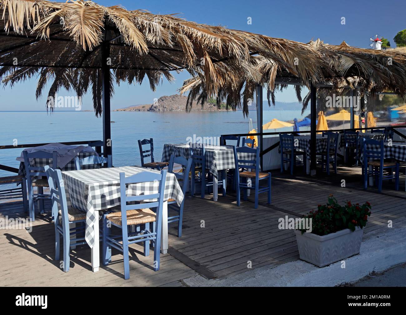 Blaue und weiße karierte Tischdecken und blaue Haare in leerer Taverne am Meer am frühen Morgen, Lesbos, Griechenland, September/Oktober 2022. Stockfoto