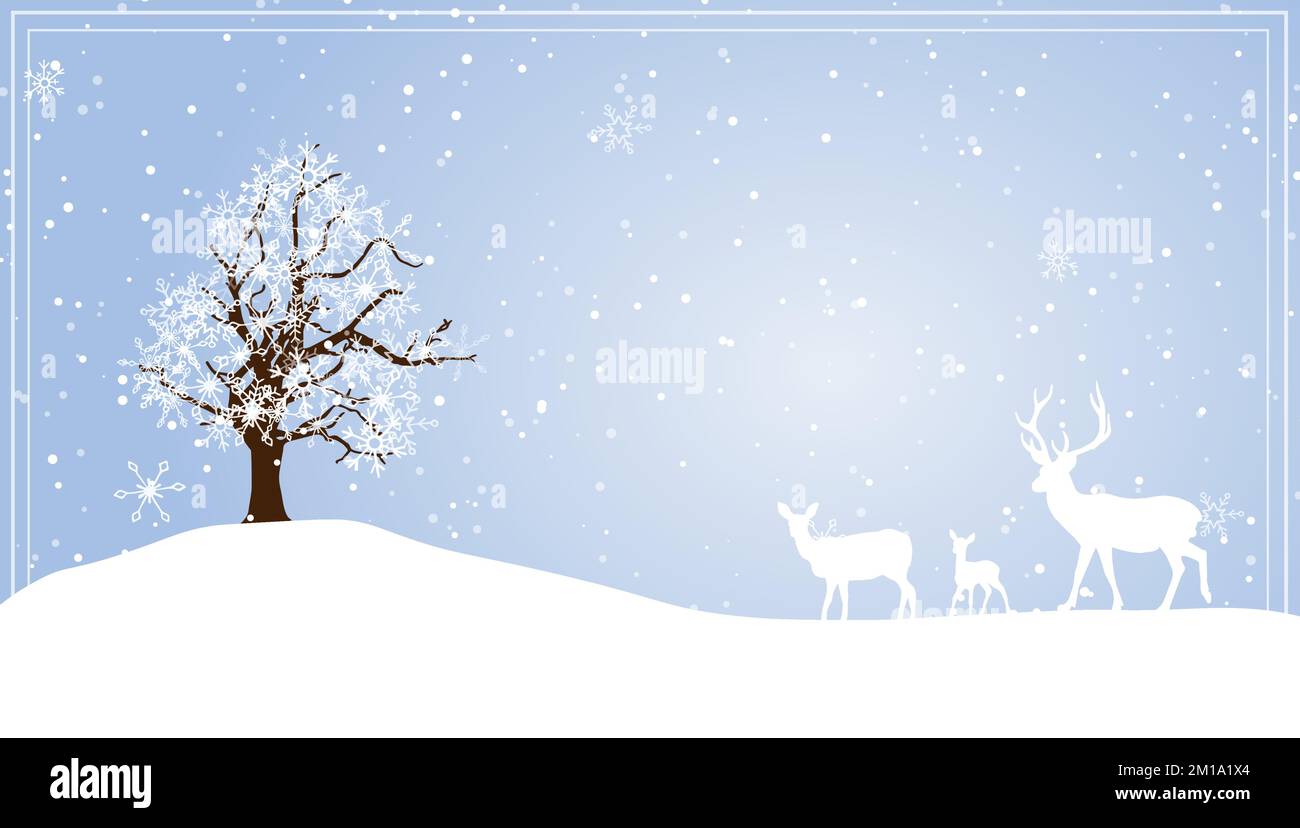 Winterlandschaft. Verlassene Bäume in verschneiter Natur, Hirsche, Feen, Hintern, Schneefall. Fröhliche Weihnachten und frohe Neujahrskarte. Stock Vektor