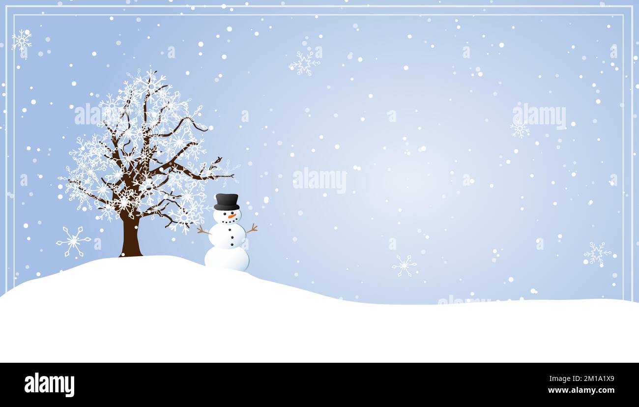 Winterlandschaft. Verlassener Baum in verschneiter Natur, Schneemann, Schneefall. Fröhliche Weihnachten und frohe Neujahrskarte. Stock Vektor