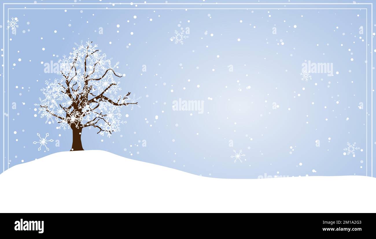 Winterlandschaft. Verlassener Baum in verschneiter Natur, Schneefall. Fröhliche Weihnachten und frohe Neujahrskarte. Stock Vektor