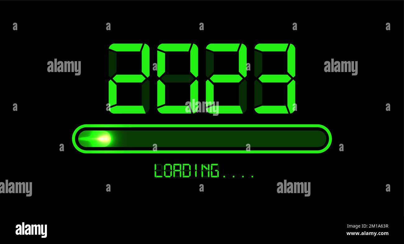 Laden auf bis zu 2023 Frohes neues Jahr. Grün-LED, Neon, digitale Zeitanzeige. Die Fortschrittsleiste erreicht fast Silvester. Vektordarstellung mit Anzeige 2023 Stock Vektor