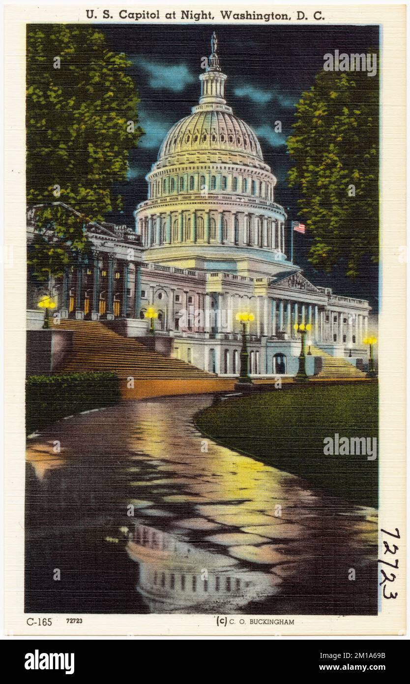 U. S. Capitol, at Night, Washington, D.C., Capitols, Tichnor Brothers Collection, Postkarten der Vereinigten Staaten Stockfoto