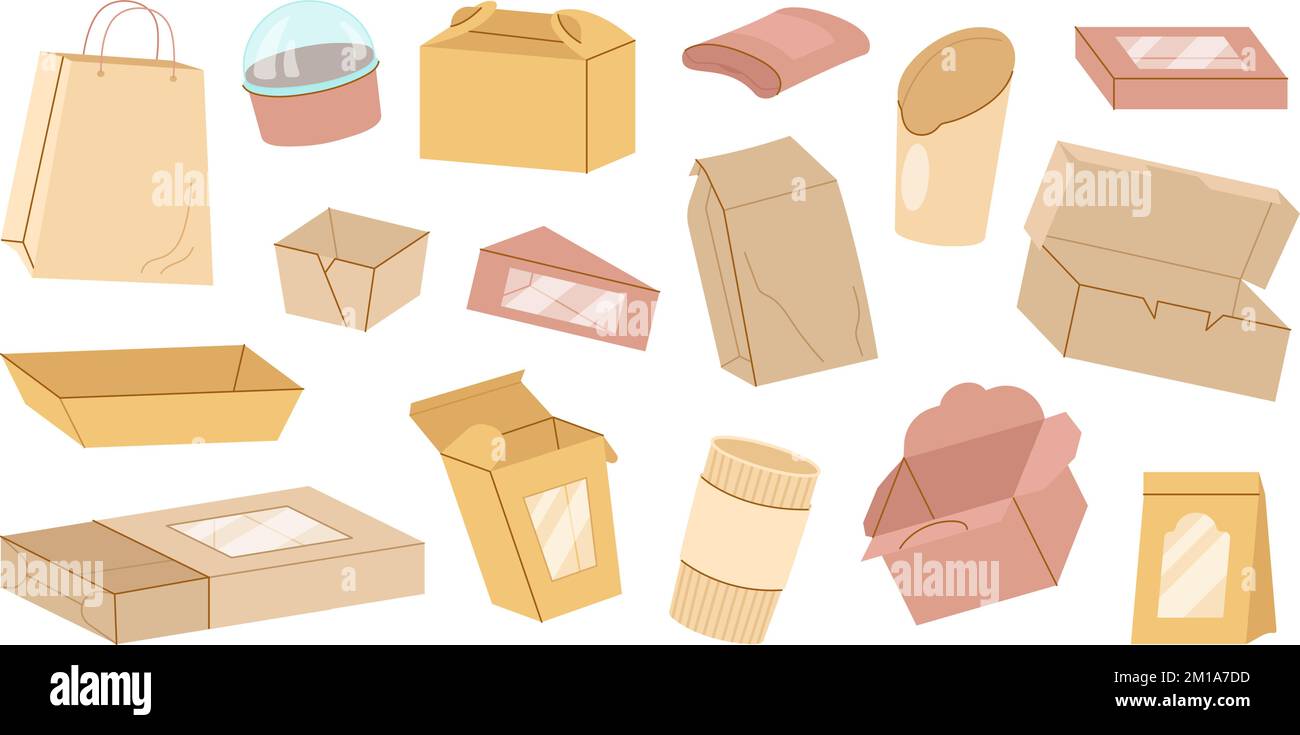 Essenspackung zum Mitnehmen, Cartoon-Karton. Pommes, Kartoffel- und Papierrollen, Sushi-Sauce, Fast-Food-Verpackungen zum Mitnehmen. Trinken Sie einen Kaffeebecher und ordentlich Stock Vektor