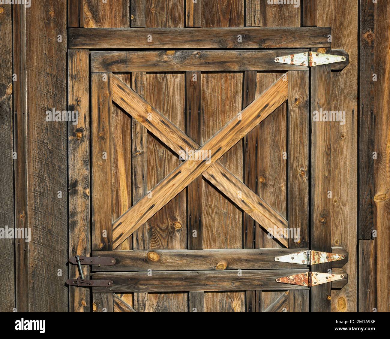 X-Muster auf der alten verwitterten Holztür in Midland, South Dakota Stockfoto