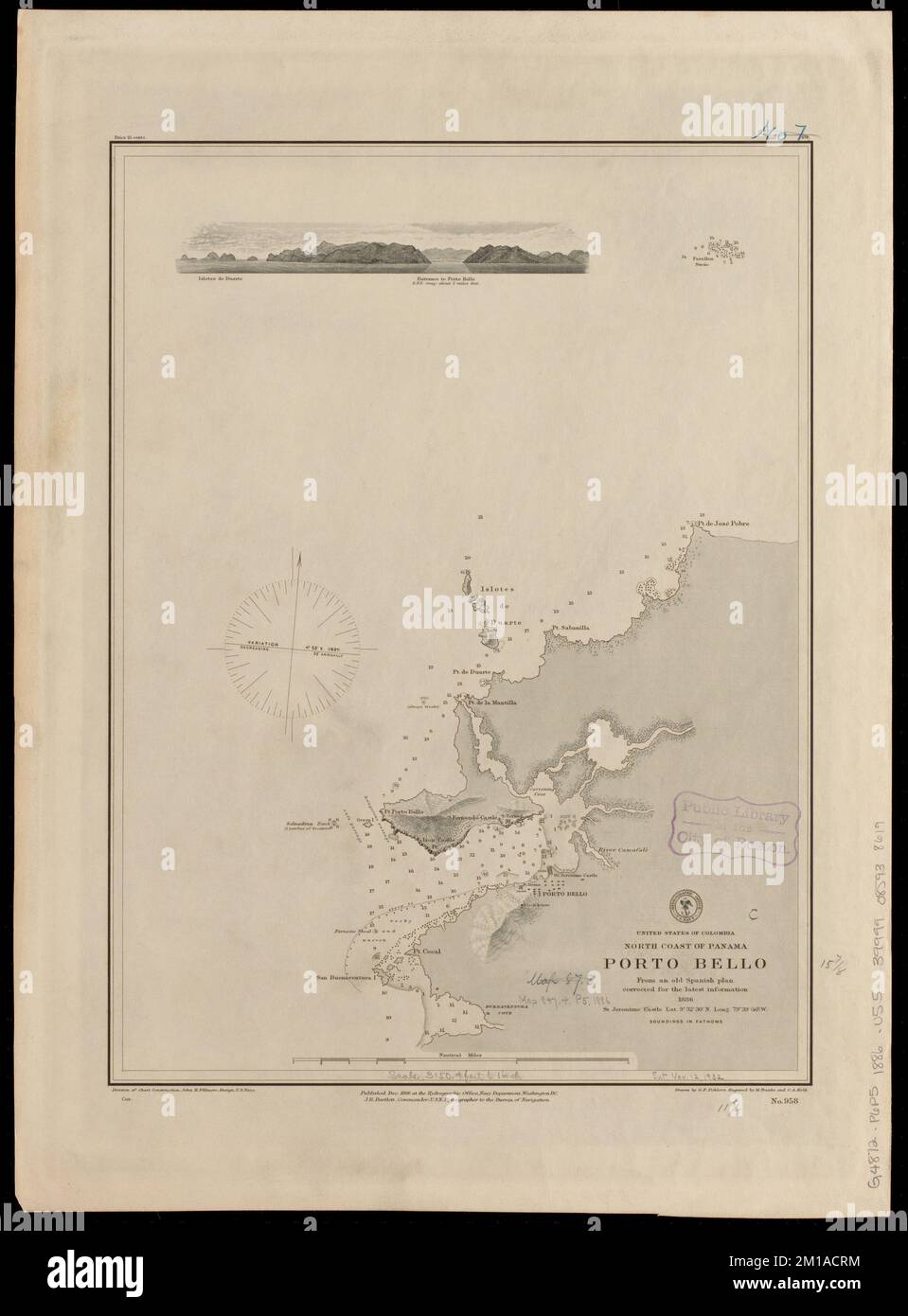 Vereinigte Staaten von Kolumbien, Nordküste Panamas, Porto Bello : aus einem alten spanischen Plan korrigiert um die neuesten Informationen, 1886 , Seekarten, Panama, Portobelo Bay, Portobelo Bay Panama, Karten Norman B. Leventhal Map Center Collection Stockfoto