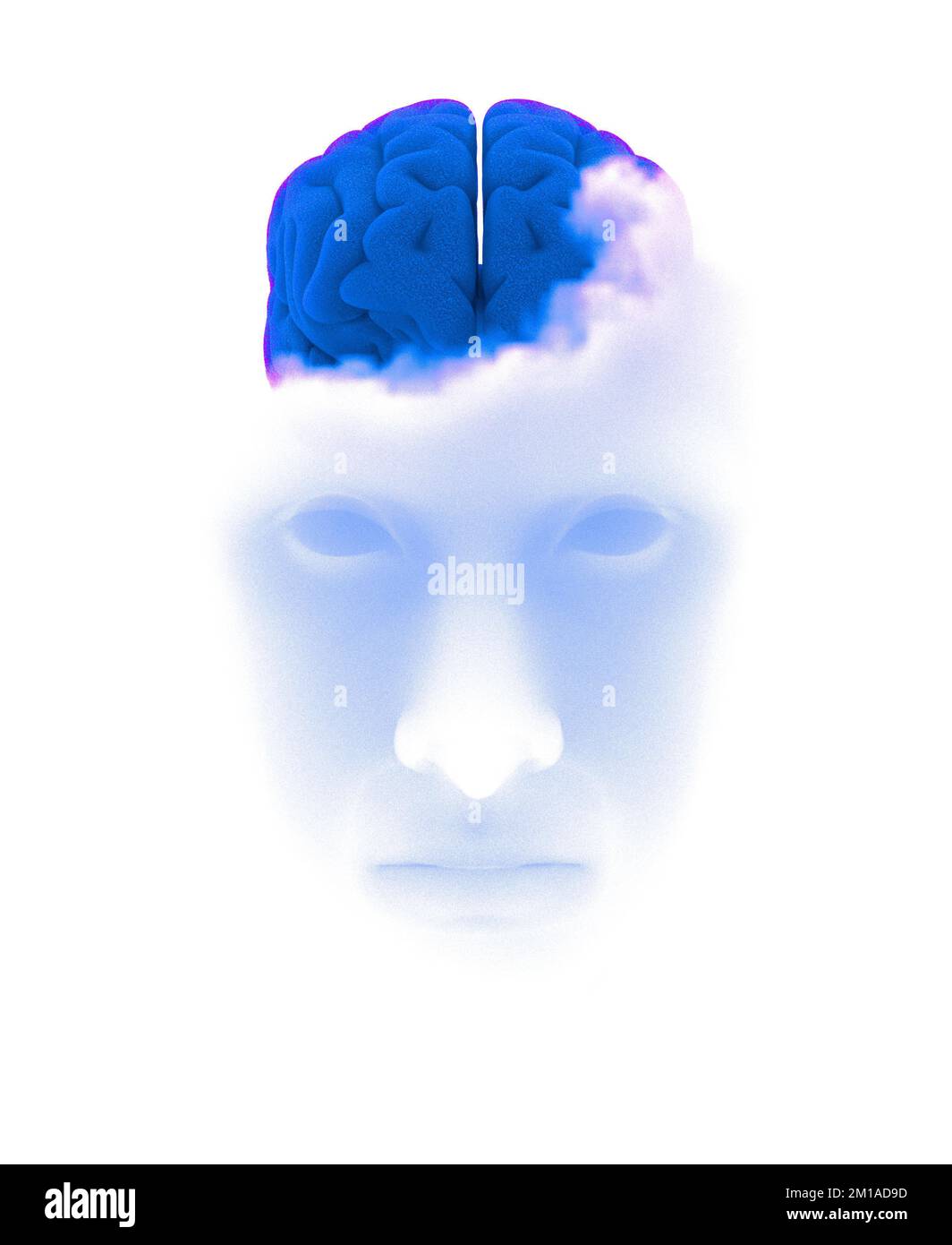 Kopf in den Wolken, Wolkeneffekt. Das Gesicht einer Person, geformt durch Wolken. Träumer, Ideen und Vorstellungskraft. Leichtigkeit und Sorgenfreiheit. Gehirn Stockfoto