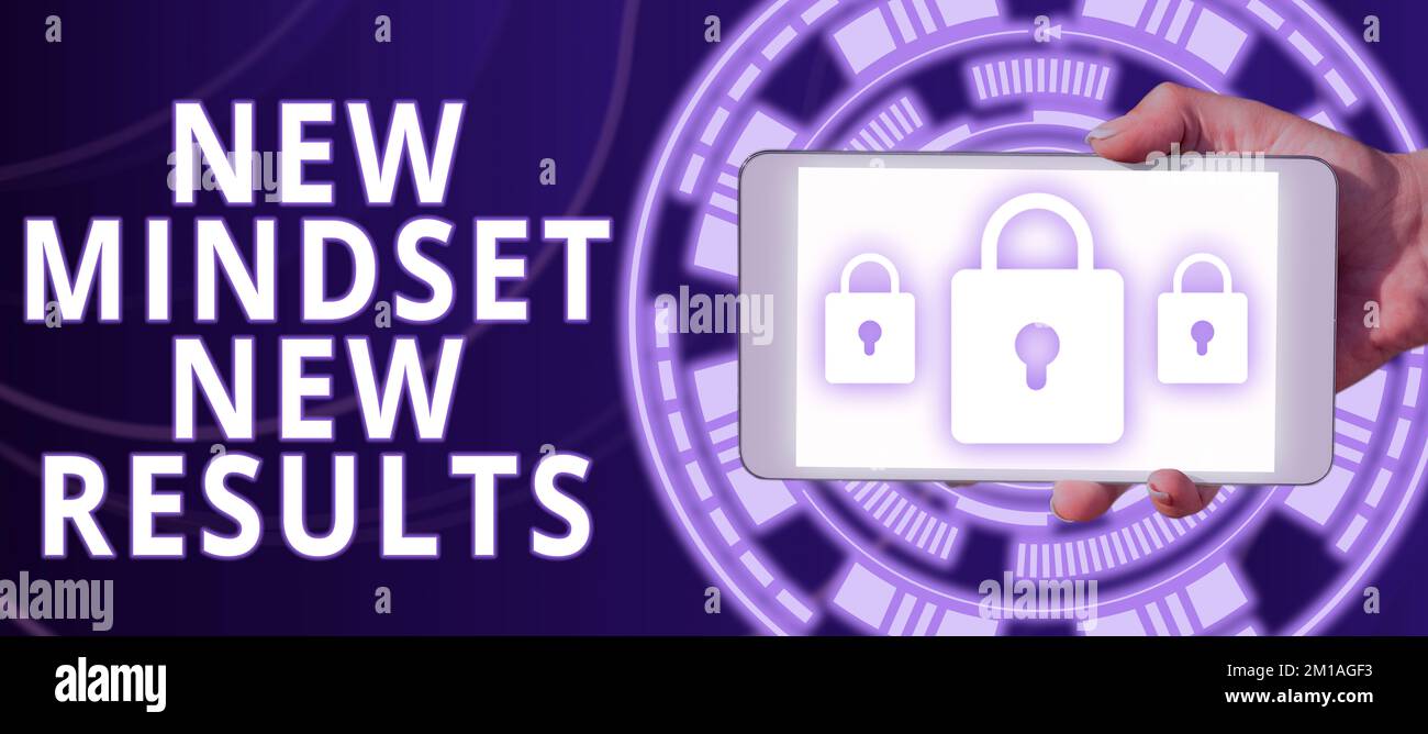Handschriftlicher Text Neue Einstellung Neue Ergebnisse. Wort für „offen für Chancen ohne Grenzen – größer denken“ Stockfoto