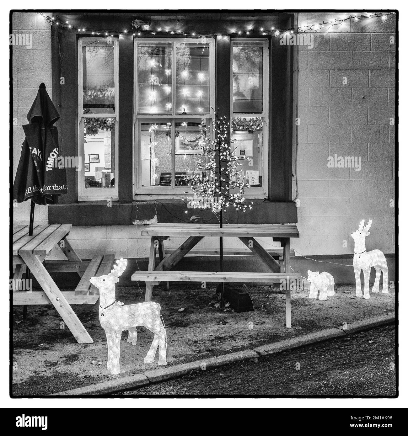 Hell beleuchtete Rentiere sind Teil der Weihnachtsbeleuchtung und Dekoration der Maypole im Dezember 2022. Long Preston Weihenhaus Lichter. Stockfoto