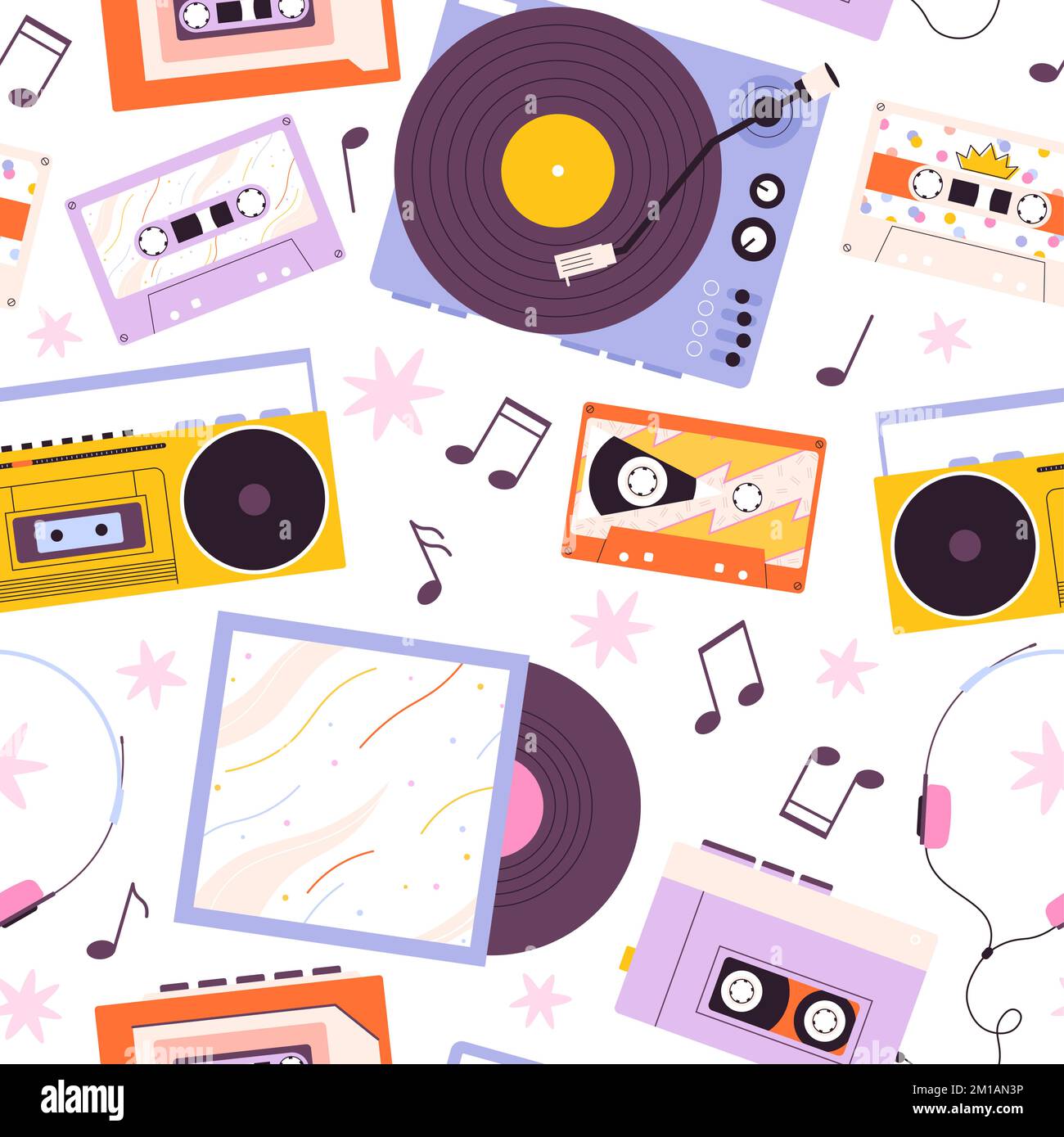 Hintergrund für Musikgeräte im Retro-Look. Audiokassette, Vinyl und Aufnahme im 80s 90s-Stil. Player und Kopfhörer, analoger Disco-Sound. Nahtloser Reibungsvektor Stock Vektor