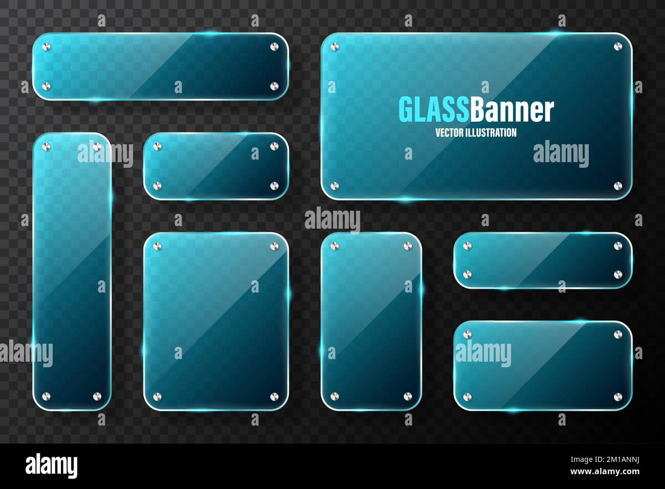 Realistische Glasrahmen mit Metallhaltern. Blaue Transparentglasbanner mit Fackeln und Highlights. Glänzende Acrylplatte, Element mit Licht Stock Vektor