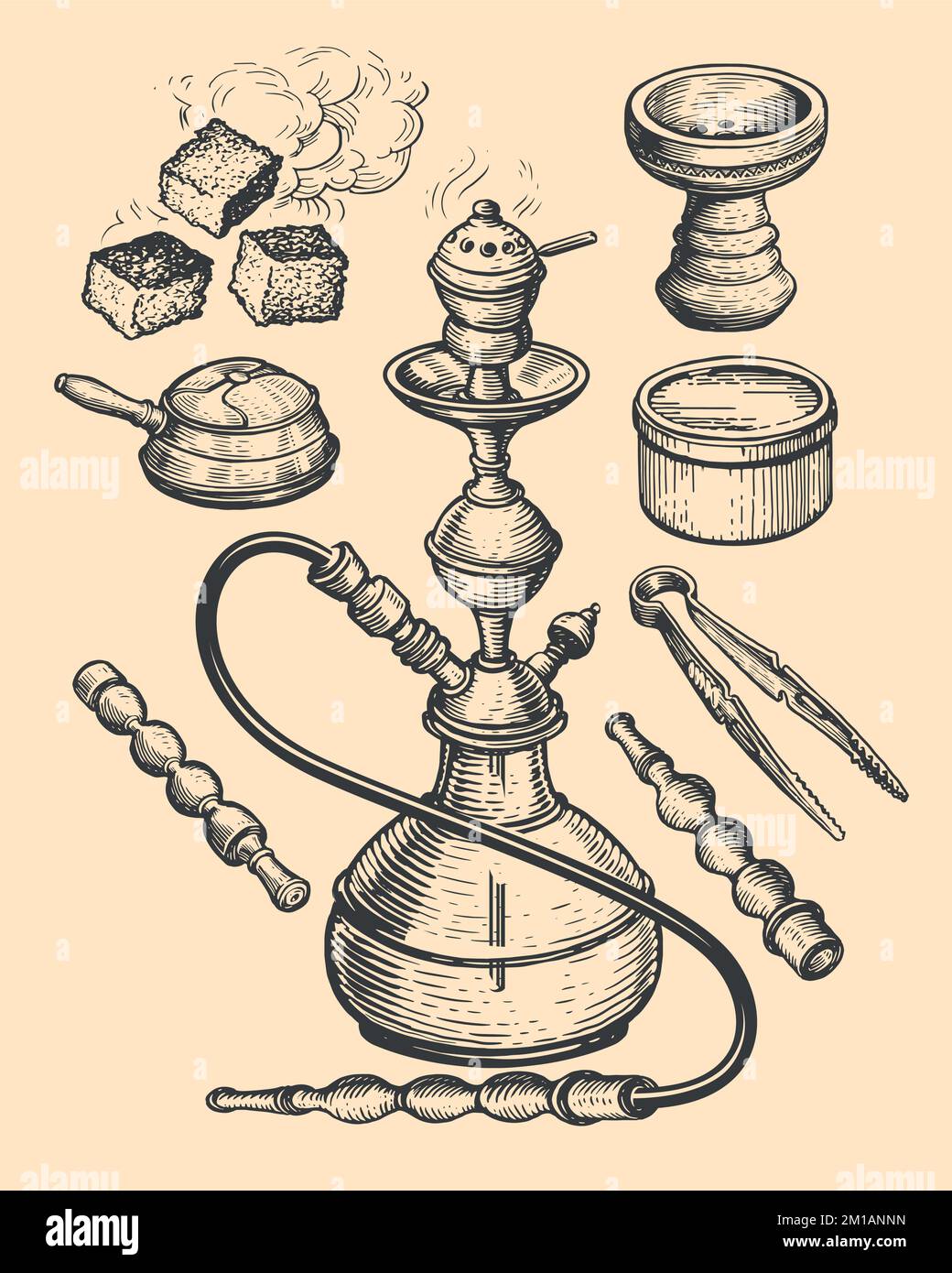 Hookah und Zubehörskizze. Shisha, Tabak, Zangen, Holzkohle. Handgezeichnete Vintage-Vektordarstellung Stock Vektor