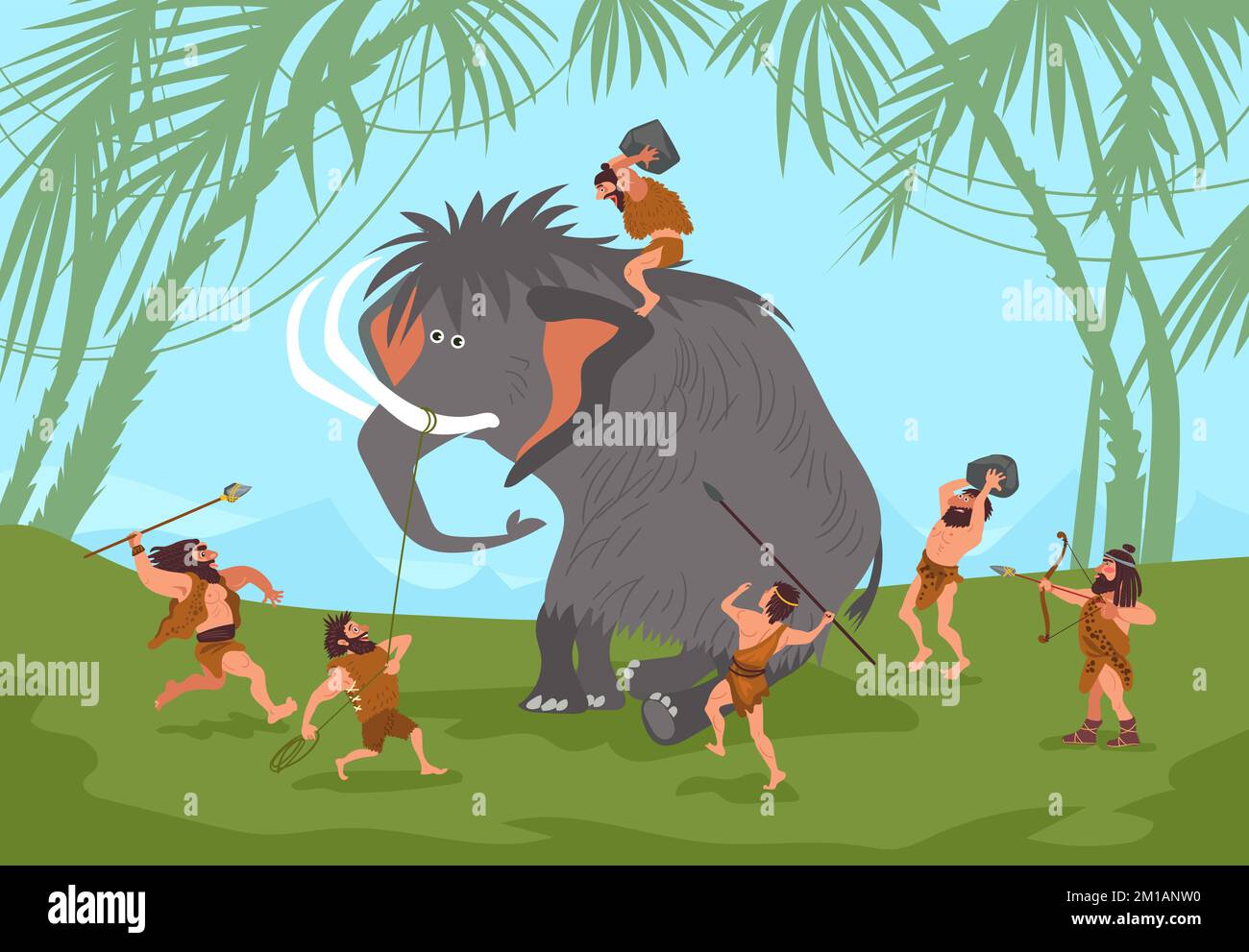 Cartoon-Höhlenmenschen jagen Mammut. Steinzeitalter Menschen mit Speeren und Pfeilen. Primitive Waffen. Prähistorische Nahrungsgewinnung. Jäger greifen Tiere an Stock Vektor