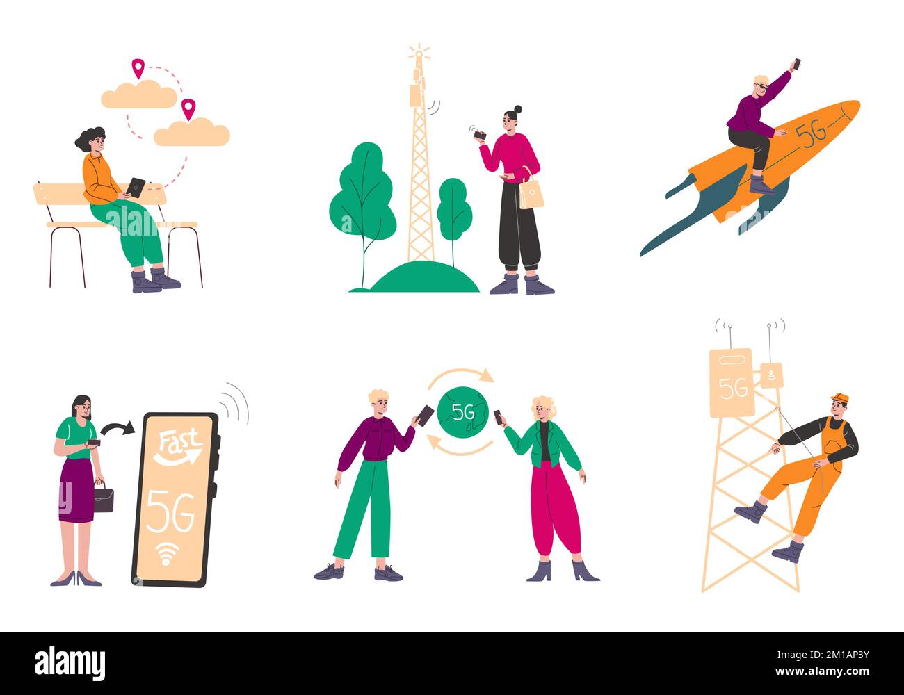 Cartoon-Leute, die 5G benutzen. Hochgeschwindigkeitskommunikation. Mobiles Netzwerk. WLAN-Technologien. Sendemasten. Drahtlose Telekommunikation. Mobilfunk Stock Vektor