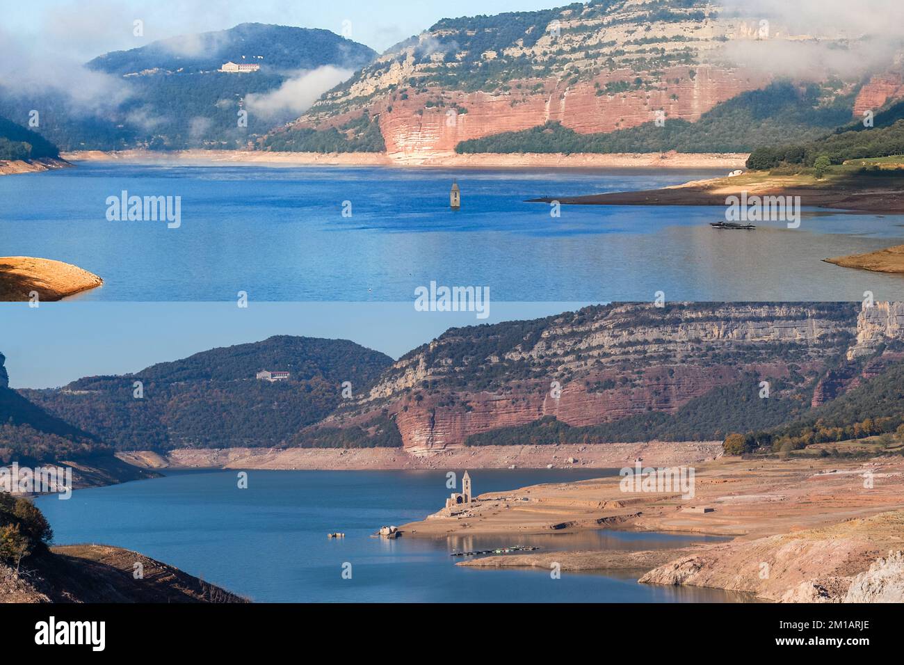 Vergleich der Wasserabsenkung im Sumpf - Pantà de Sau. Früher und jetzt, um die Probleme des Regenmangels zu zeigen. Bodenverödung, Mangel an Stockfoto
