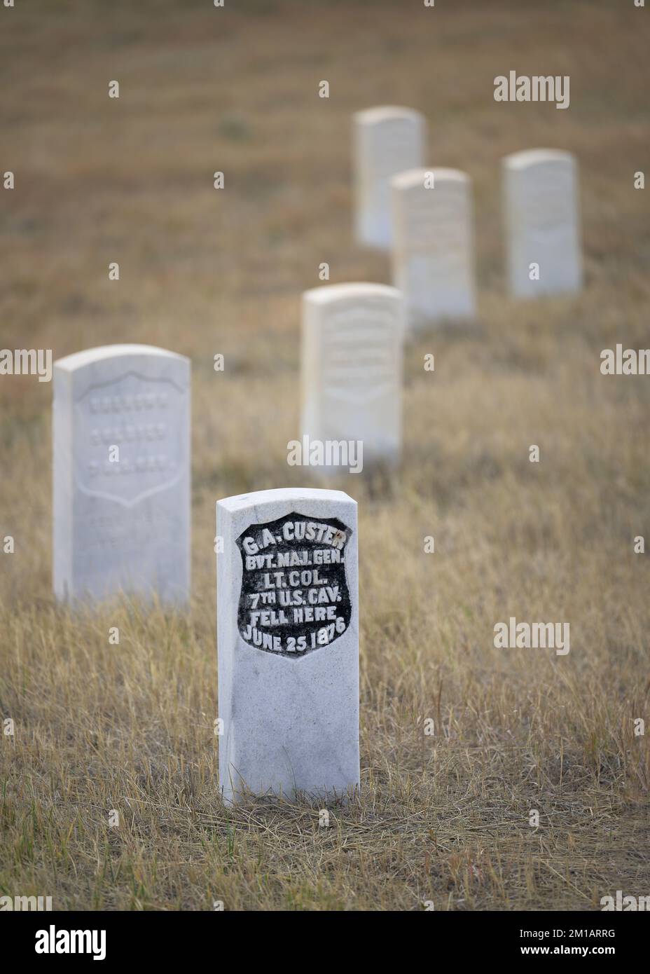 Grabstein von Lieutenant Colonel George Armstrong Custer am Little Bighorn Battlefield National Monument in Crow Agency, Montana Stockfoto