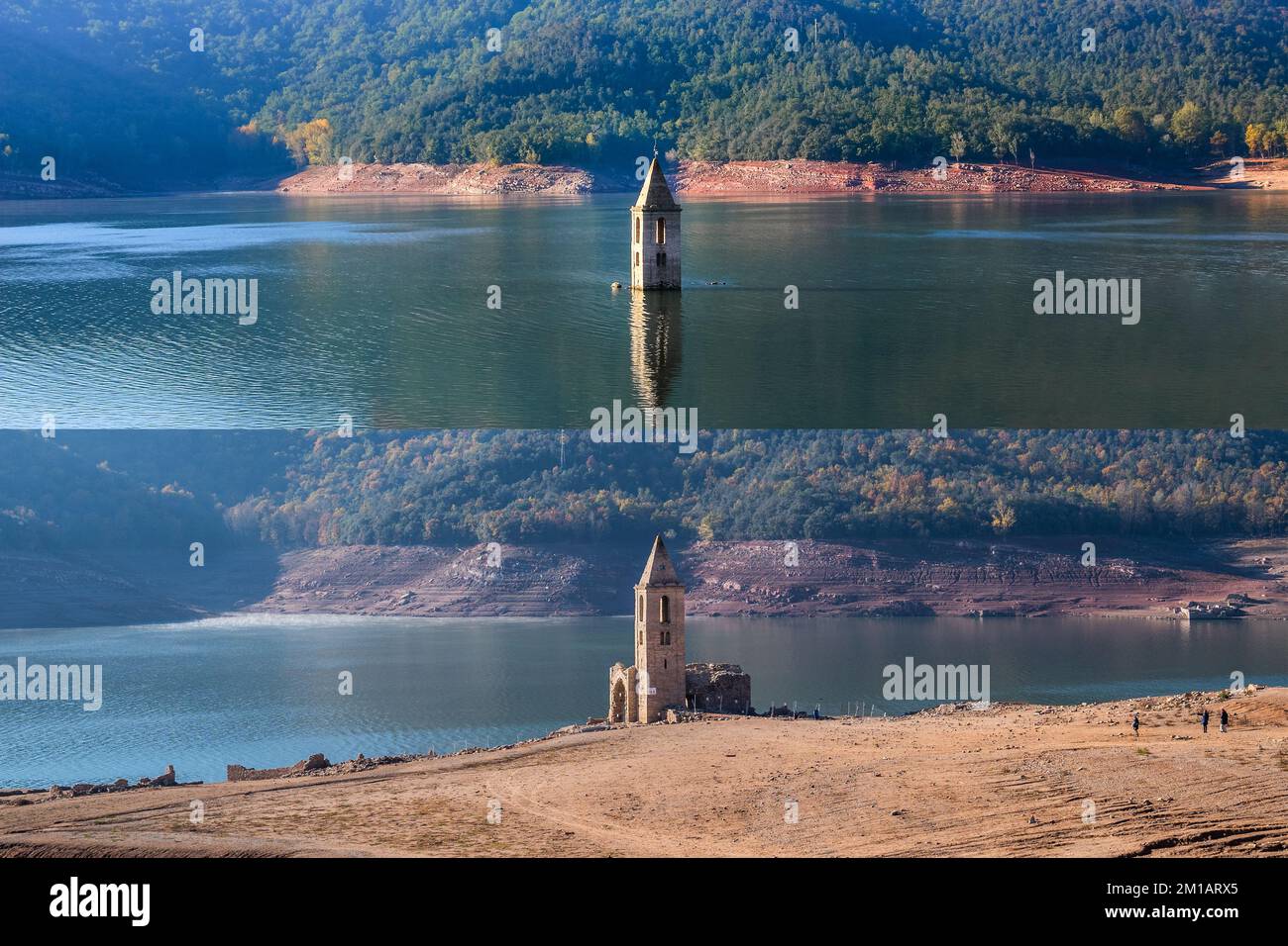 Vergleich der Wasserabsenkung im Sumpf - Pantà de Sau. Früher und jetzt, um die Probleme des Regenmangels zu zeigen. Bodenverödung, Mangel an Stockfoto