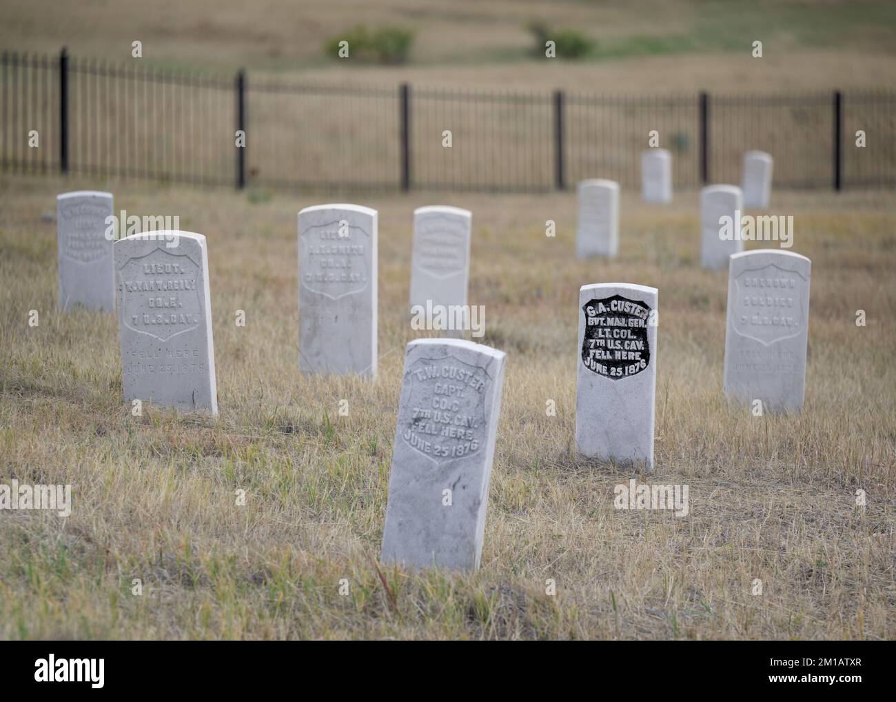 Grabstein von Lieutenant Colonel George Armstrong Custer am Little Bighorn Battlefield National Monument in Crow Agency, Montana Stockfoto