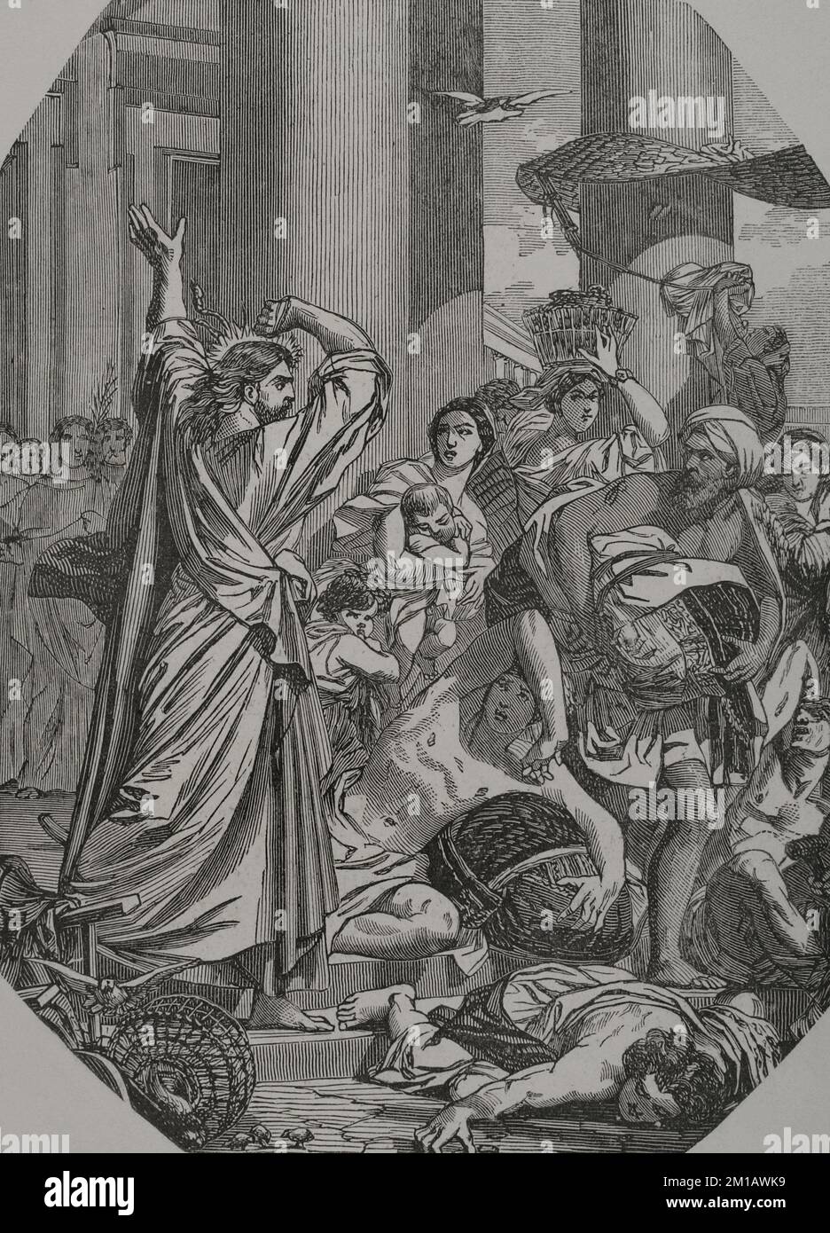 Neues Testament. Händler werden aus dem Tempel verwiesen. Gravur. "Los Héroes y las Grandezas de la Tierra", Band I. 1854. Stockfoto