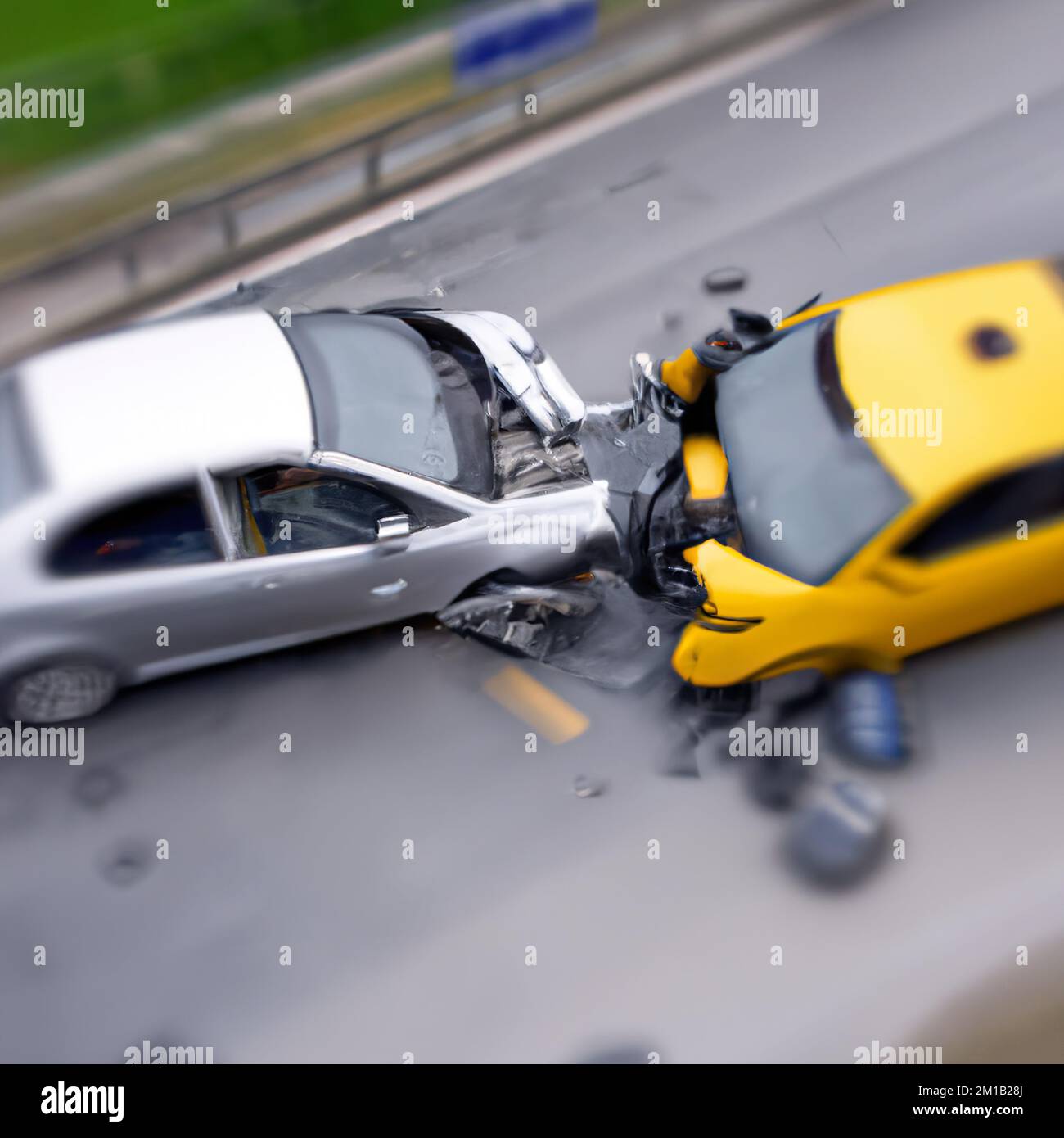 Draufsicht eines Verkehrsunfalls, zwei Autos sind abgestürzt. Stockfoto