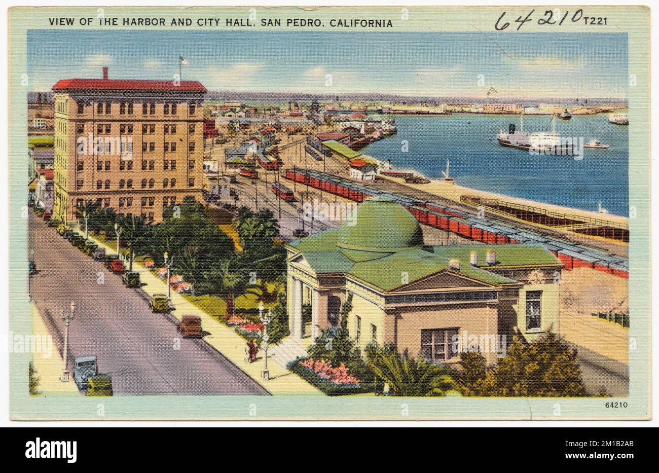 Blick auf den Hafen und das Rathaus, San Pedro, Kalifornien, Häfen, City & Town Hall, Tichnor Brothers Collection, Postkarten der Vereinigten Staaten Stockfoto