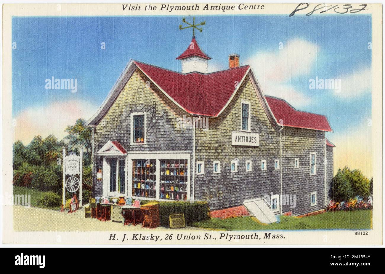 Besuchen Sie das Plymouth Antique Centre, H. J. Klasky, 26 Union St., Plymouth, Massachusetts. , Geschäfte & Geschäfte, Tichnor Brothers Collection, Postkarten der Vereinigten Staaten Stockfoto