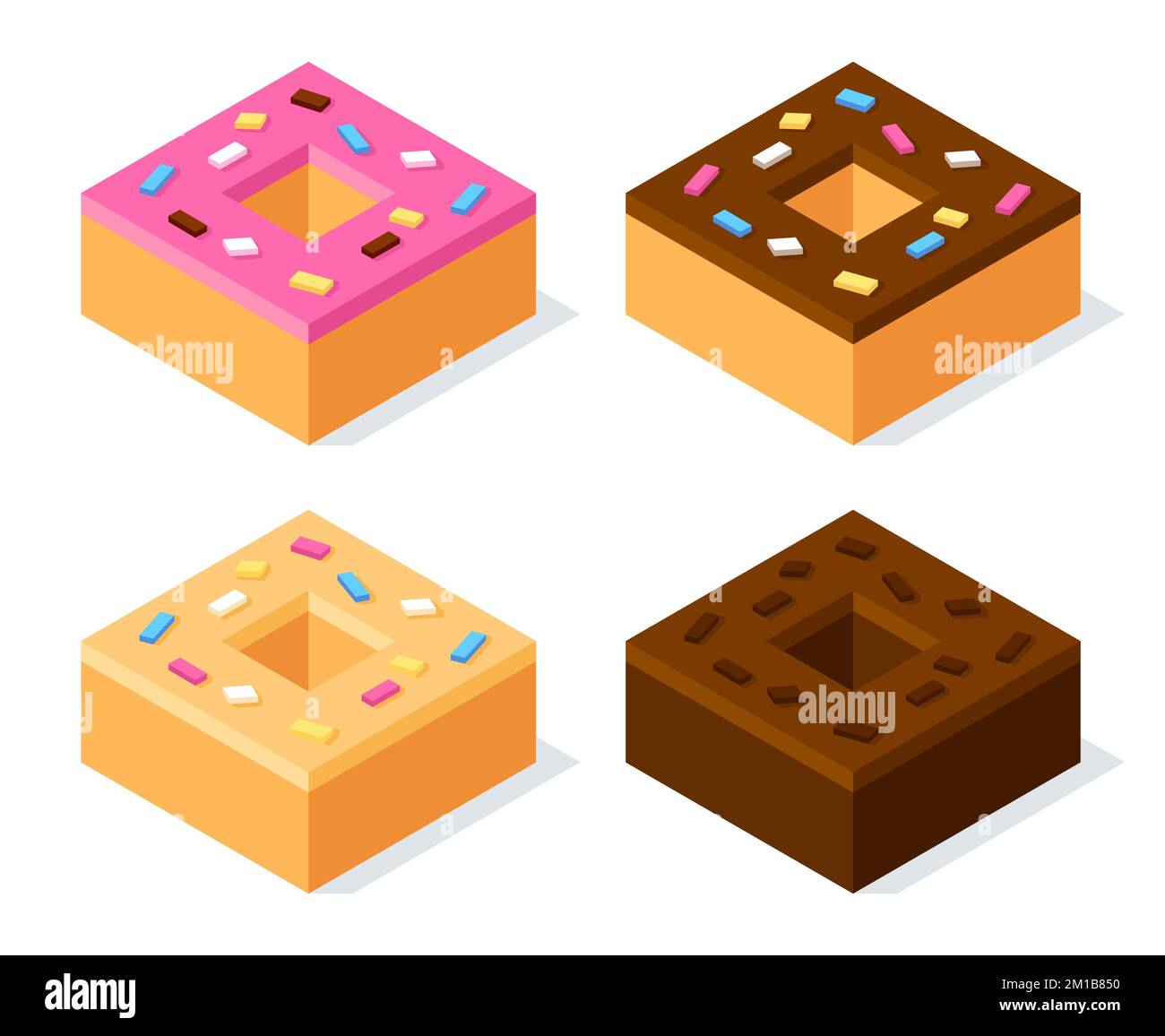 3D isometrische kubische Donuts. Rosa und Schokoladen-Zuckerguss mit Streuseln. Vektordarstellung. Stock Vektor