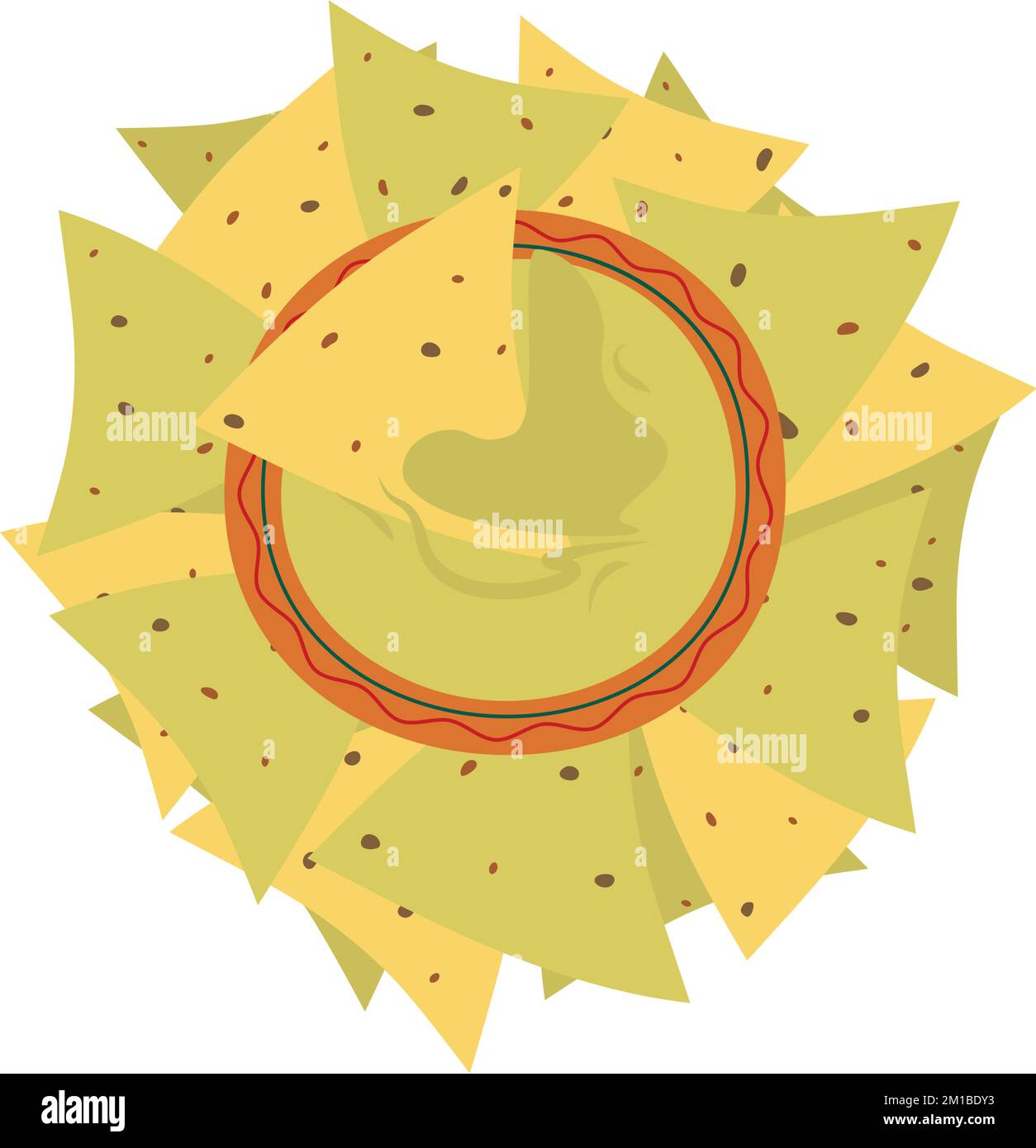 Traditionelle Guacamole-Sauce in grünen Farbtönen in der Schüssel auf einem Haufen bunter Corn Chips Nachos im Cartoon-Stil. Mexikanisches Essen. Aufkleber. Symbol. Isolieren. Geeignet für Banner, Logo, Karten, Einladung, Label. EPS Stock Vektor