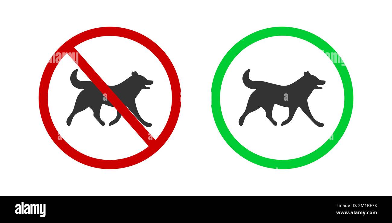 Symbol „Hunde verboten und erlaubt“. Wanderverbot für Haustiere und Piktogramm für die freundliche Zone. Hundesilhouette in rot „Verboten“ und grünes „genehmigt“-Schild isoliert auf weißem Hintergrund. Flache Vektordarstellung Stock Vektor