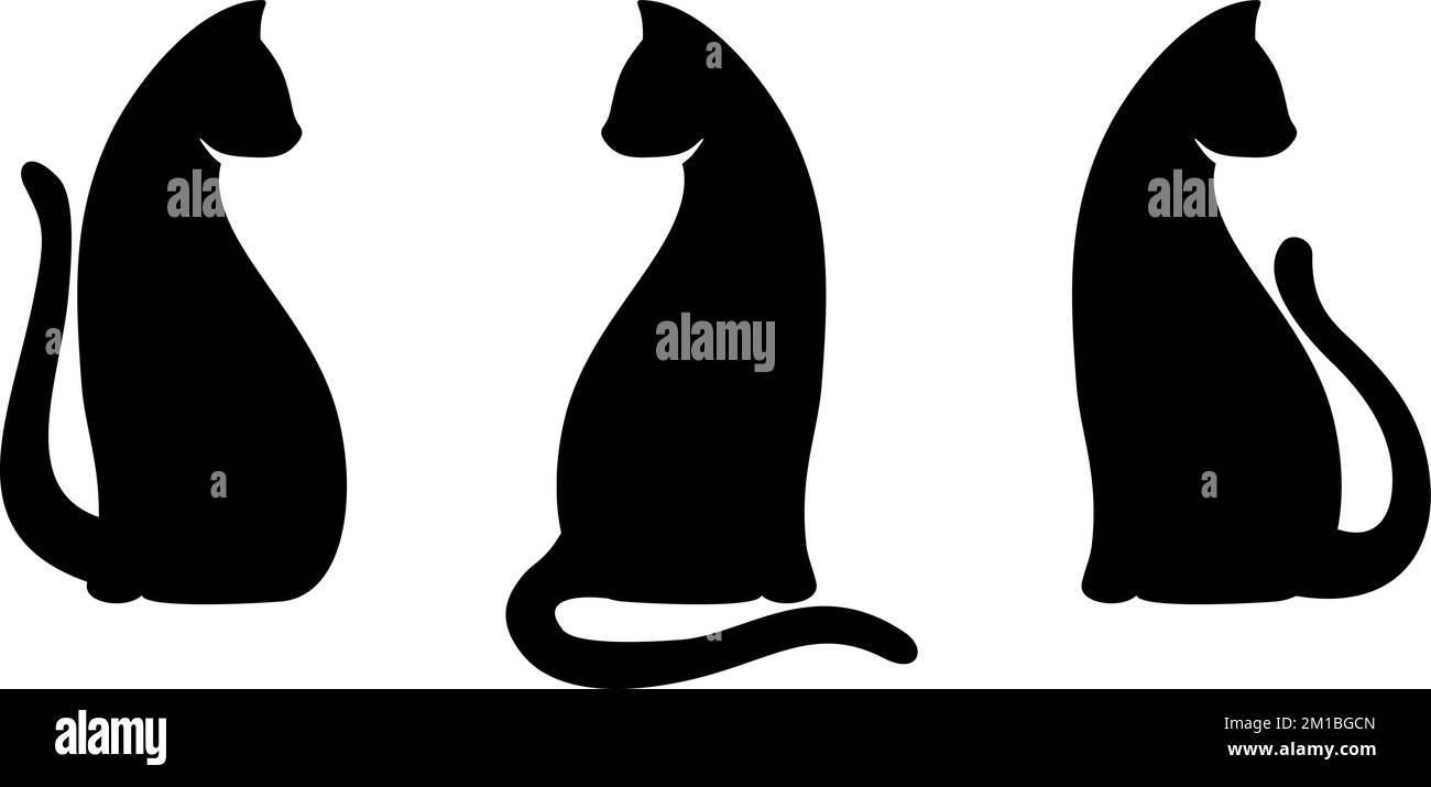Katzen. Set mit drei schwarzen Silhouetten sitzender Katzen, isoliert auf weißem Hintergrund. Vektordarstellung Stock Vektor