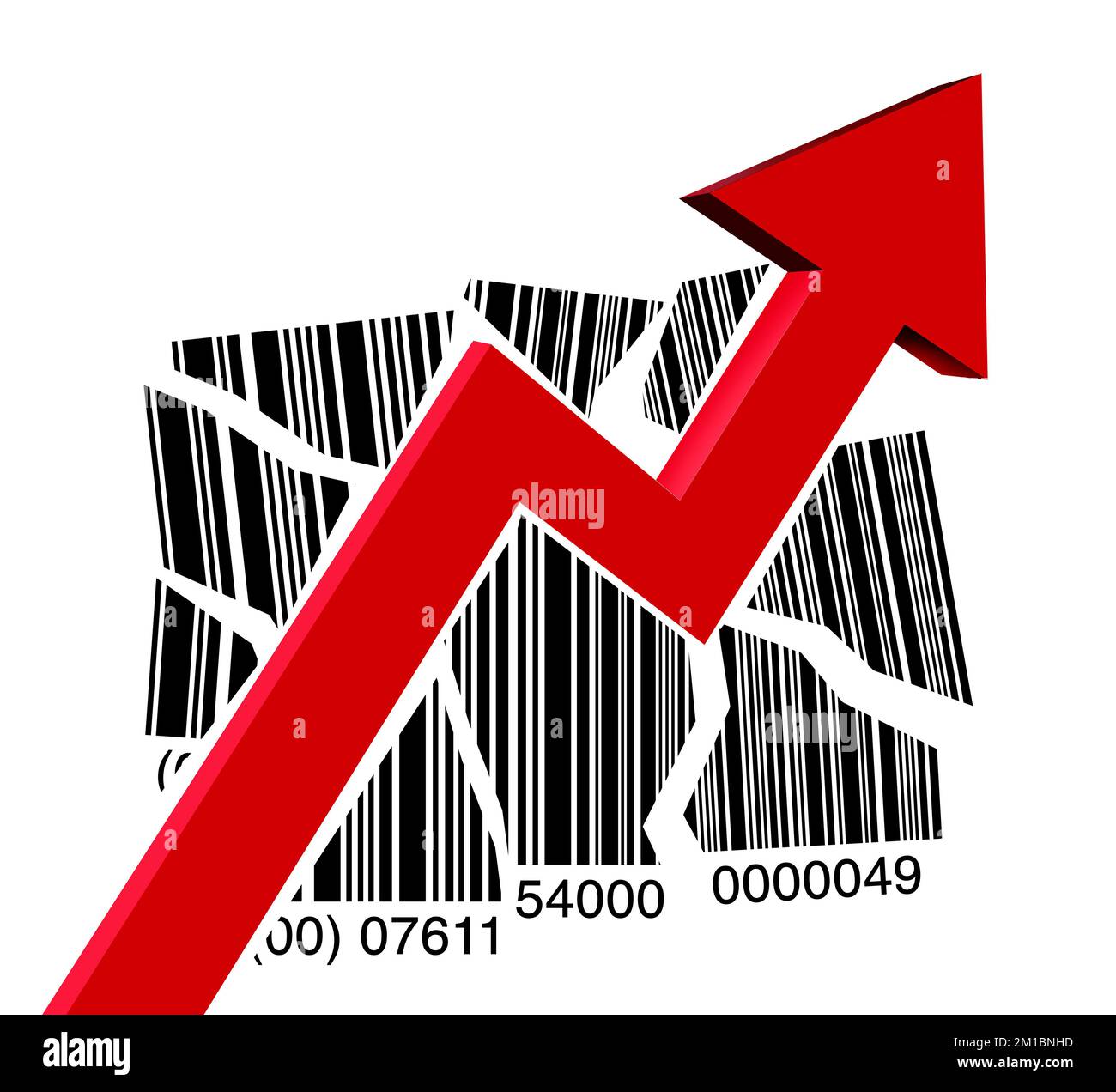 Steigende Einzelhandelspreise und Ladenpreise mit steilen Kosten als ein Konzept der Inflationskrise, das einen UPC-Code eines Produkts durchbricht Stockfoto