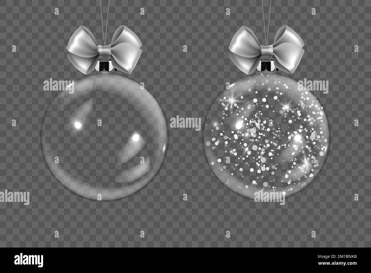 Vector realistisches 3D transparentes Weihnachts-Glaskugel-Set mit silbernem Glitzer-Closeup isoliert. Design-Vorlage von Weihnachten und Neujahr Baum Spielzeug Stock Vektor