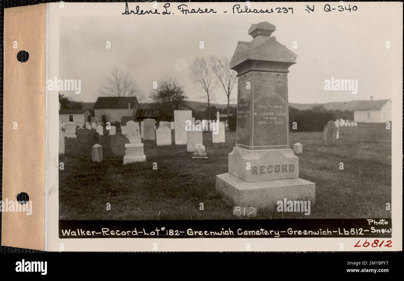 Walker - Record, Greenwich Cemetery, Old Section, Lot 182, Greenwich, Masse, ca. 1930-1931 : Arlene L. Fraser, Releases 237, und Q-340 , Wasserwerke, Reservoirs, Wasserverteilungsstrukturen, Immobilien, Friedhöfe Stockfoto