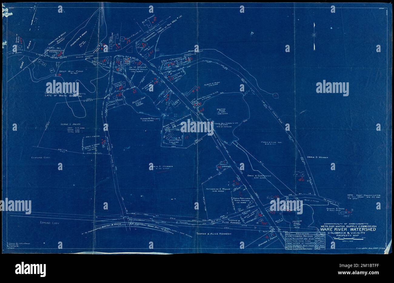 Ware River Watershed, Coldbrook and Vicinity, Property Map, Barre and Oakham, Massachusetts, USA April 1928, überarbeitet bis 30. Juni 1930, Wasserwerke, Reservoirs, Wasserverteilungsstrukturen, Immobilien Stockfoto