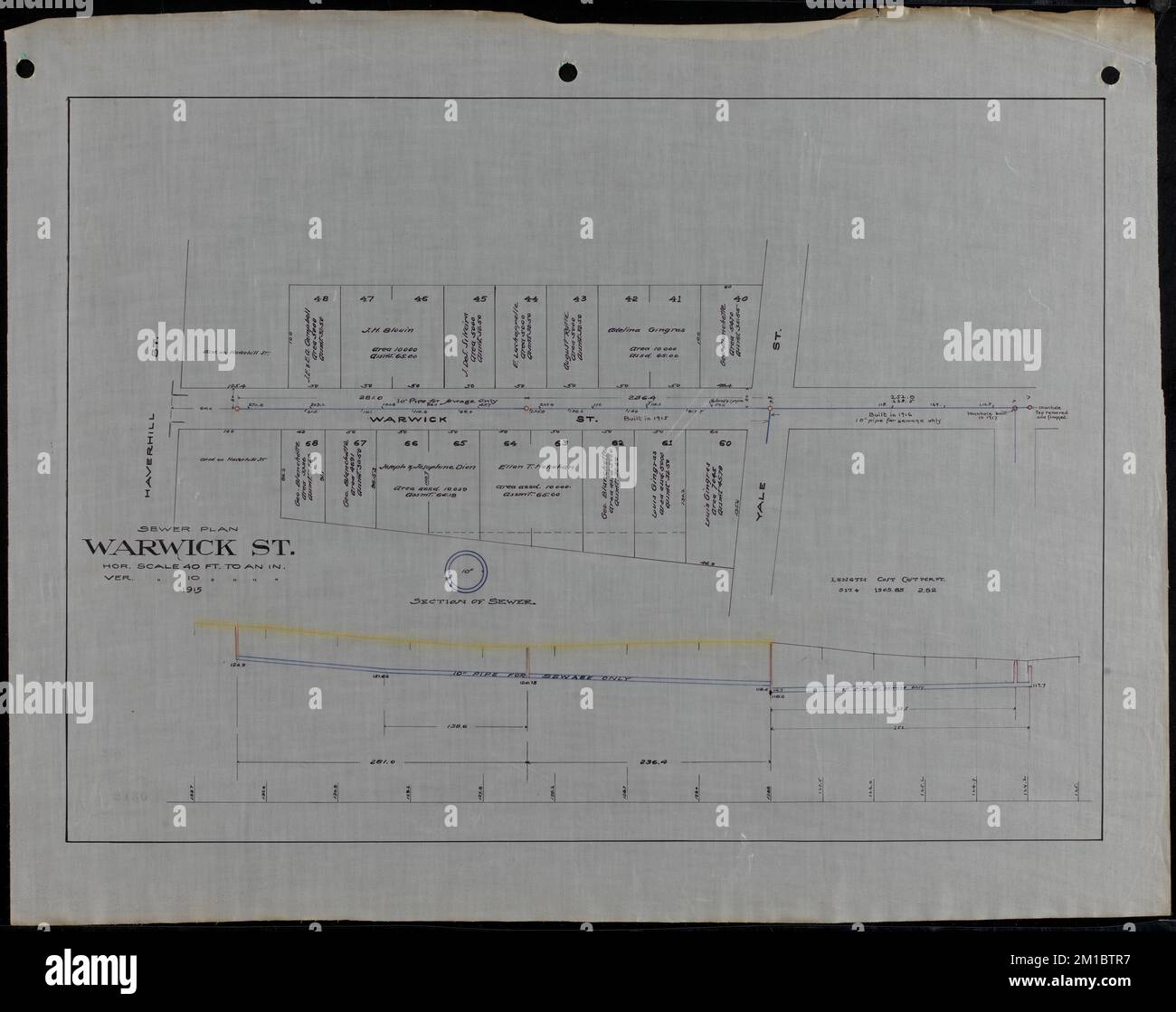 Abwasserplan Warwick St., Abwasserkanäle, Straßen. Lawrence Stockfoto