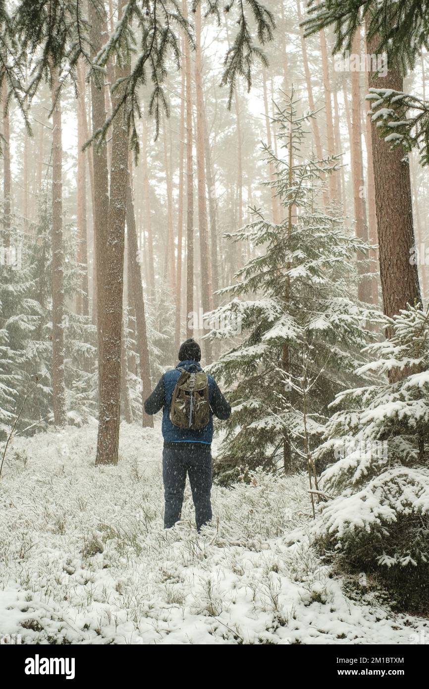 Reisen und Wandern in der Wintersaison. Mann mit Rucksack bei schneebem Wetter. Schneefall im Wald. Mensch in der natürlichen Umgebung in der kalten Jahreszeit. Stockfoto