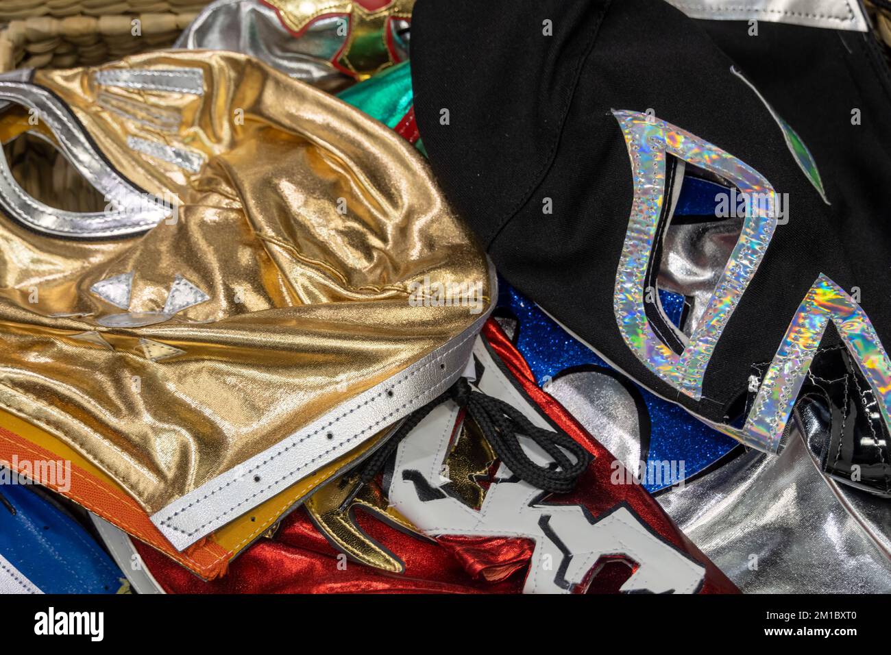 Wrestler-Masken akkumuliert, traditioneller mexikanischer Sport, mexiko, Lucha libre, Stockfoto