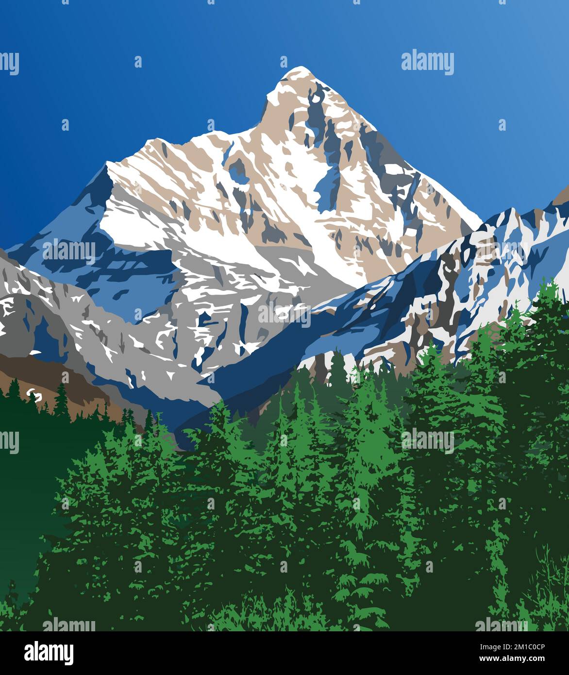 Mount Nanda Devi und Woodland Vector Illustration, einer der besten Berge im indischen Himalaya, gesehen von Joshimath Auli, Uttarakhand, Indien, Indian Hi Stock Vektor