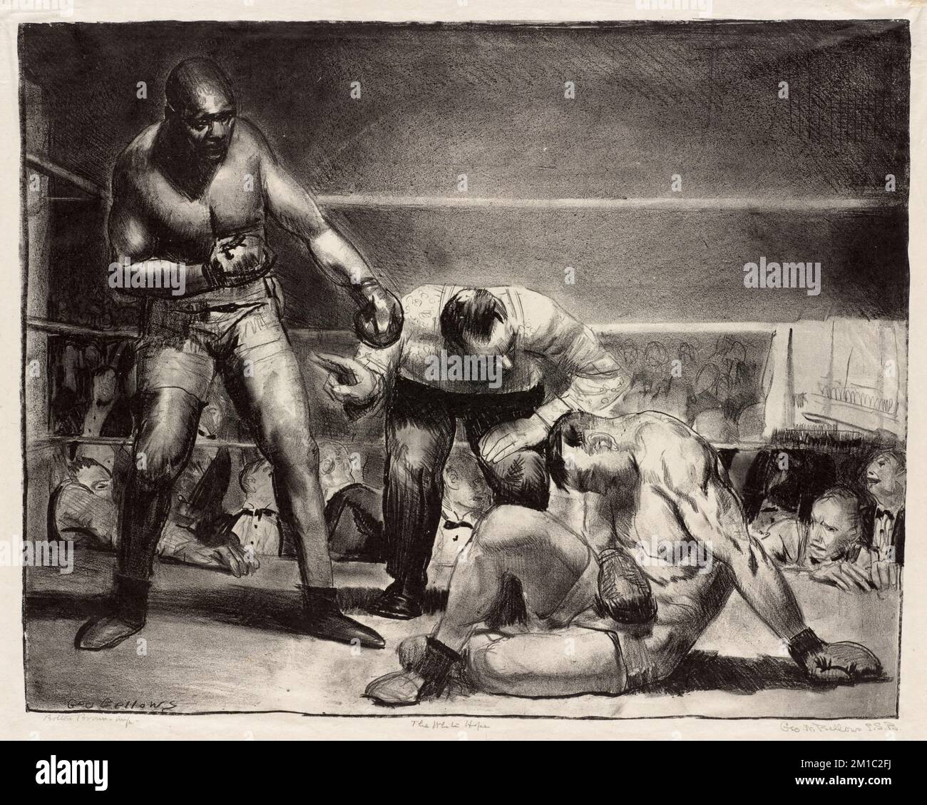 Die weiße Hoffnung, Boxen, Boxer, Sportzuschauer, Jeffries, James J., 1875-1953, Johnson, Jack, 1878-1946. George Bellows (1882-1925). Ausdrucke und Zeichnungen Stockfoto