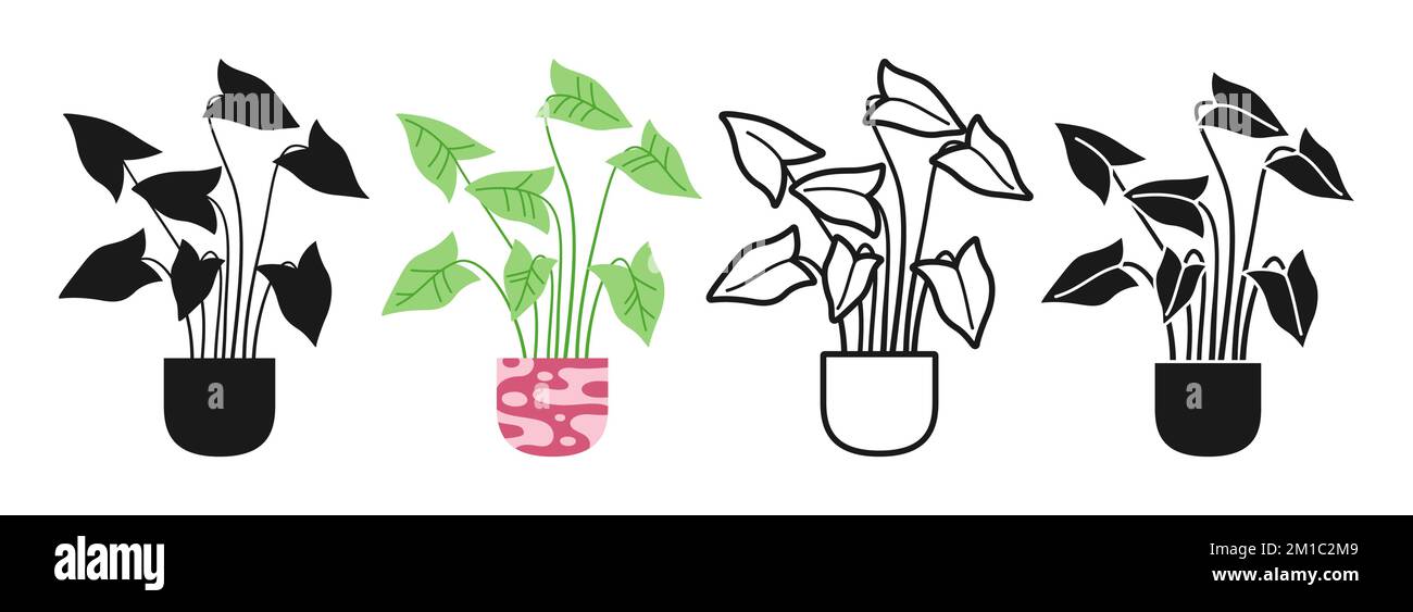 Hauspflanze im Blumentopf-Zeichentrickset. Moderne Bo-Ho-Pflanze im Topf. Kollektion im Blatttopf-Keramik-Doodle-, Linien- oder Silhouettenstil. Inneneinrichtung in modernem Naturstil mit Stempelmuster Stock Vektor