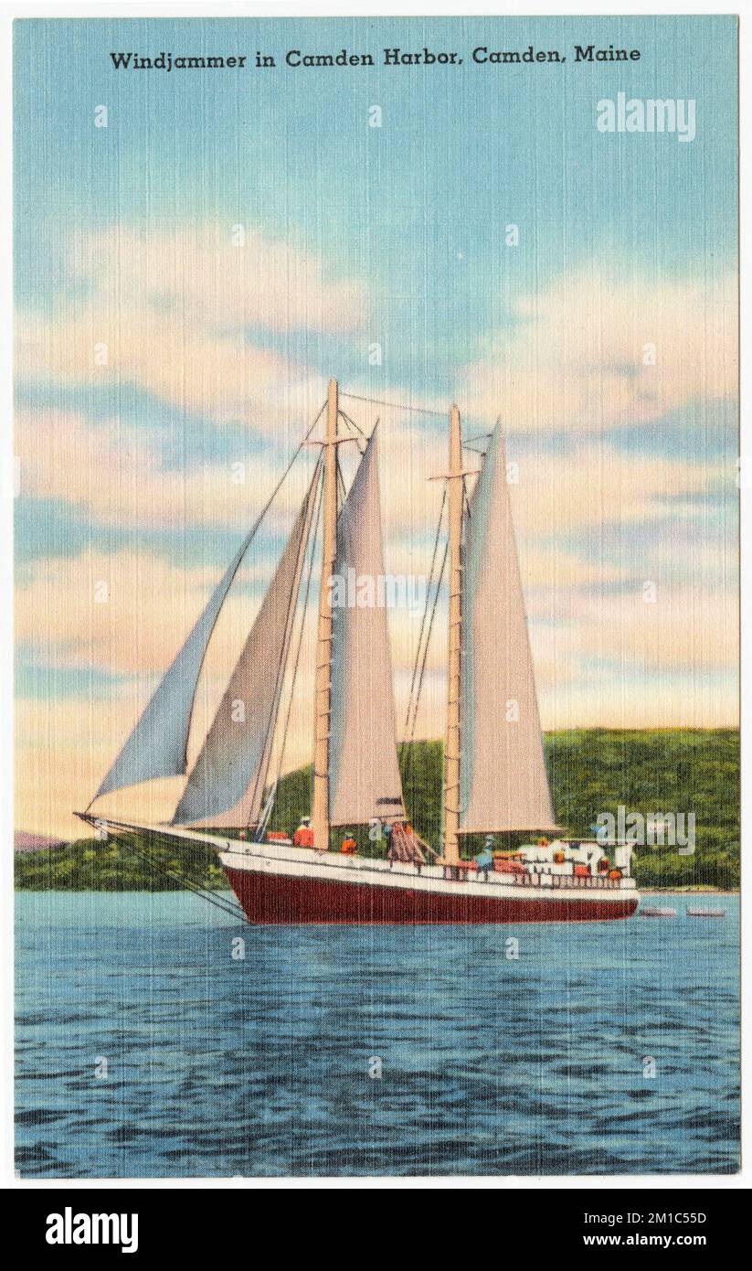 Windjammer in Camden Harbor, Camden, Maine, Boote, Häfen, Tichnor Brothers Collection, Postkarten der Vereinigten Staaten Stockfoto