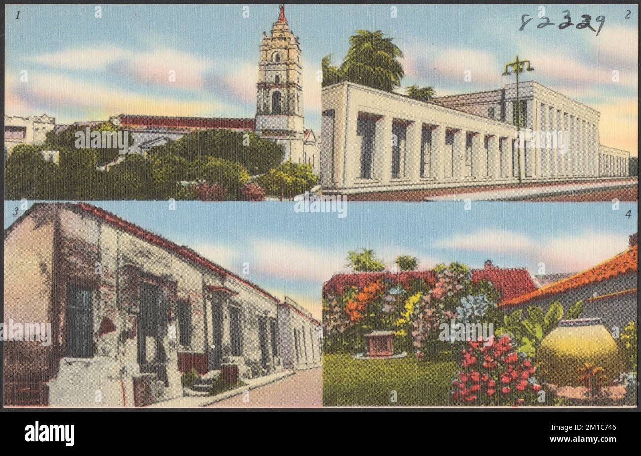 1. Catedral y Estatua de Ignacio Agramonte, Camagüey, Kuba. 2. Museo y bibiloteca Ignacio Agramonte, Camagüey, Kuba. 3. Casa Colonia, Camagüey, Kuba. 4. Patio típico Camagueyano, Camagüey, Kuba - 1. Kathedrale und Statue von Ignacio Agramonte. Camaguey, Kuba. 2. Ignacio Agramonte Museum und Bibliothek, Camaguey, Kuba. 3. Colonial House, Camaguey, Kuba. 4. Typisch Camagueyan Yard, Camaguey, Kuba, katholische Kirchen, Bibliotheken, Galerien und Museen, Häuser, Tichnor Brothers Collection, Postkarten der Vereinigten Staaten Stockfoto