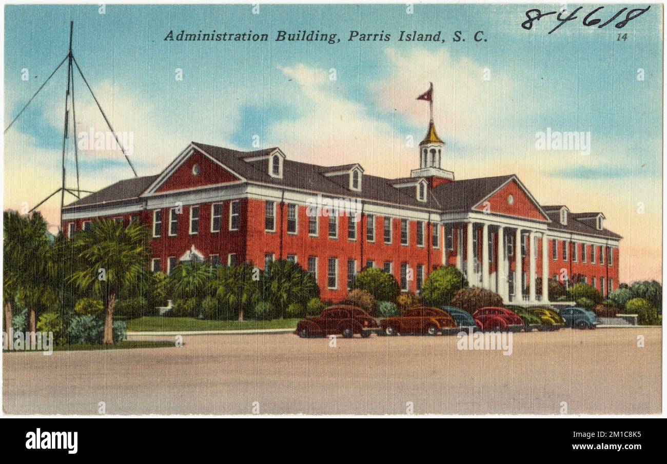 Verwaltungsgebäude, Parris Island, S.C., Militäreinrichtungen, Tichnor Brothers Collection, Postkarten der Vereinigten Staaten Stockfoto