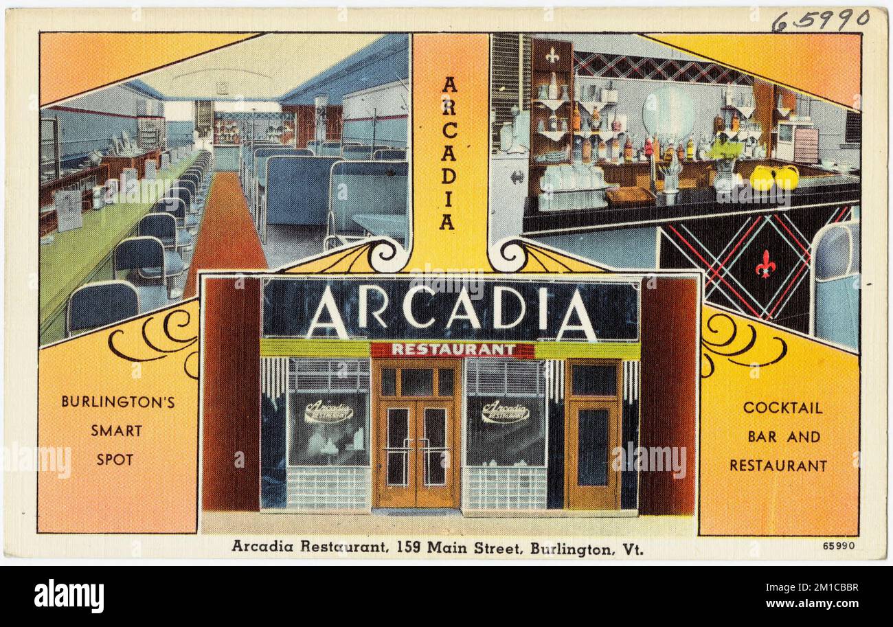 Arcadia Restaurant, 159 Main Street, Burlington, Vt. , Restaurants, Tichnor Brothers Collection, Postkarten der Vereinigten Staaten Stockfoto