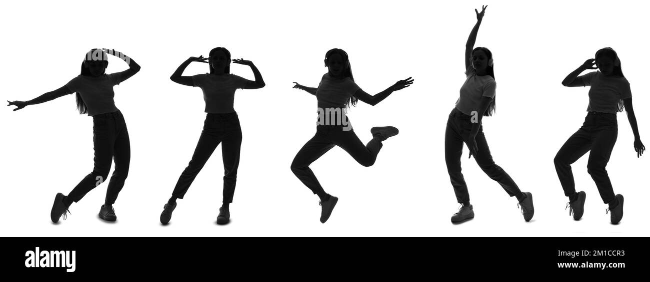 Kollektion der Silhouetten einer Hip-Hop-Tänzerin auf weißem Hintergrund Stockfoto